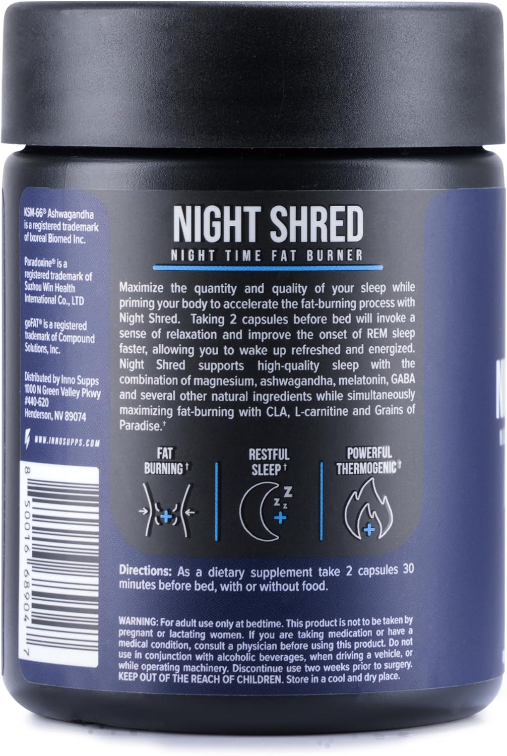 Highlights the product's ability to burn fat while sleeping, promoting restful sleep and thermogenic effects.