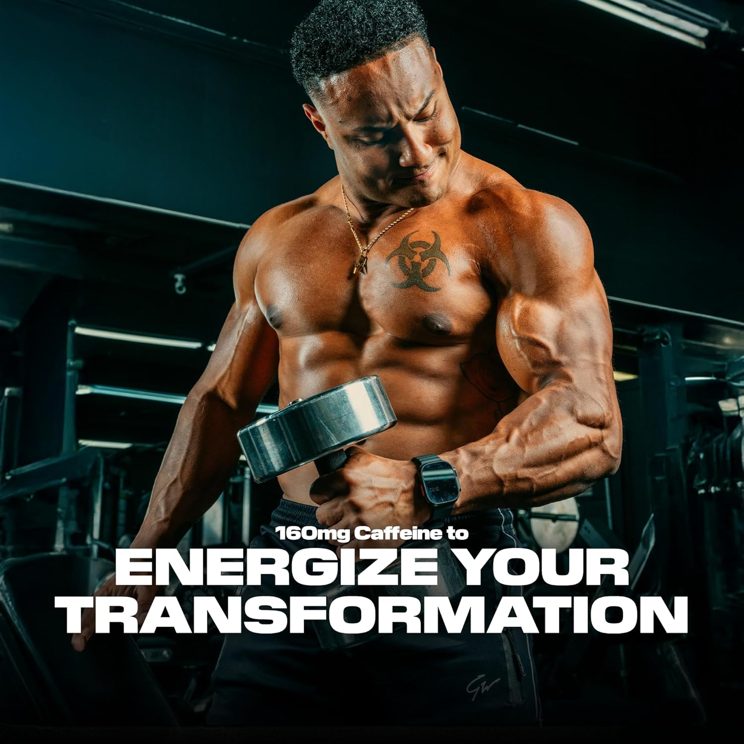 Highlights the energizing effect of 160mg caffeine to motivate potential customers looking for a pre-workout supplement.