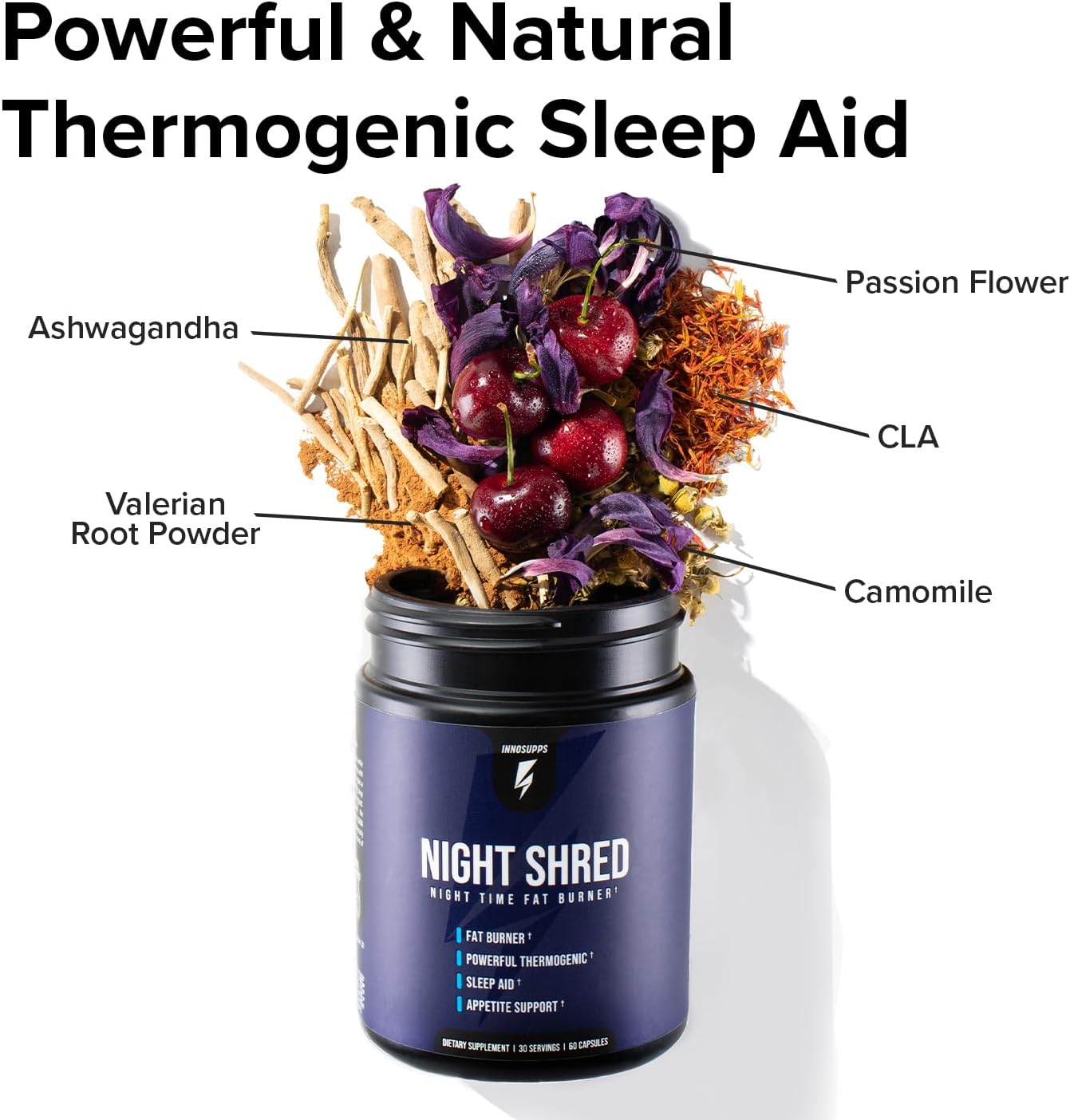 Highlights the product's multiple benefits as a powerful natural sleep aid and thermogenic fat burner, showcasing its key ingredients.