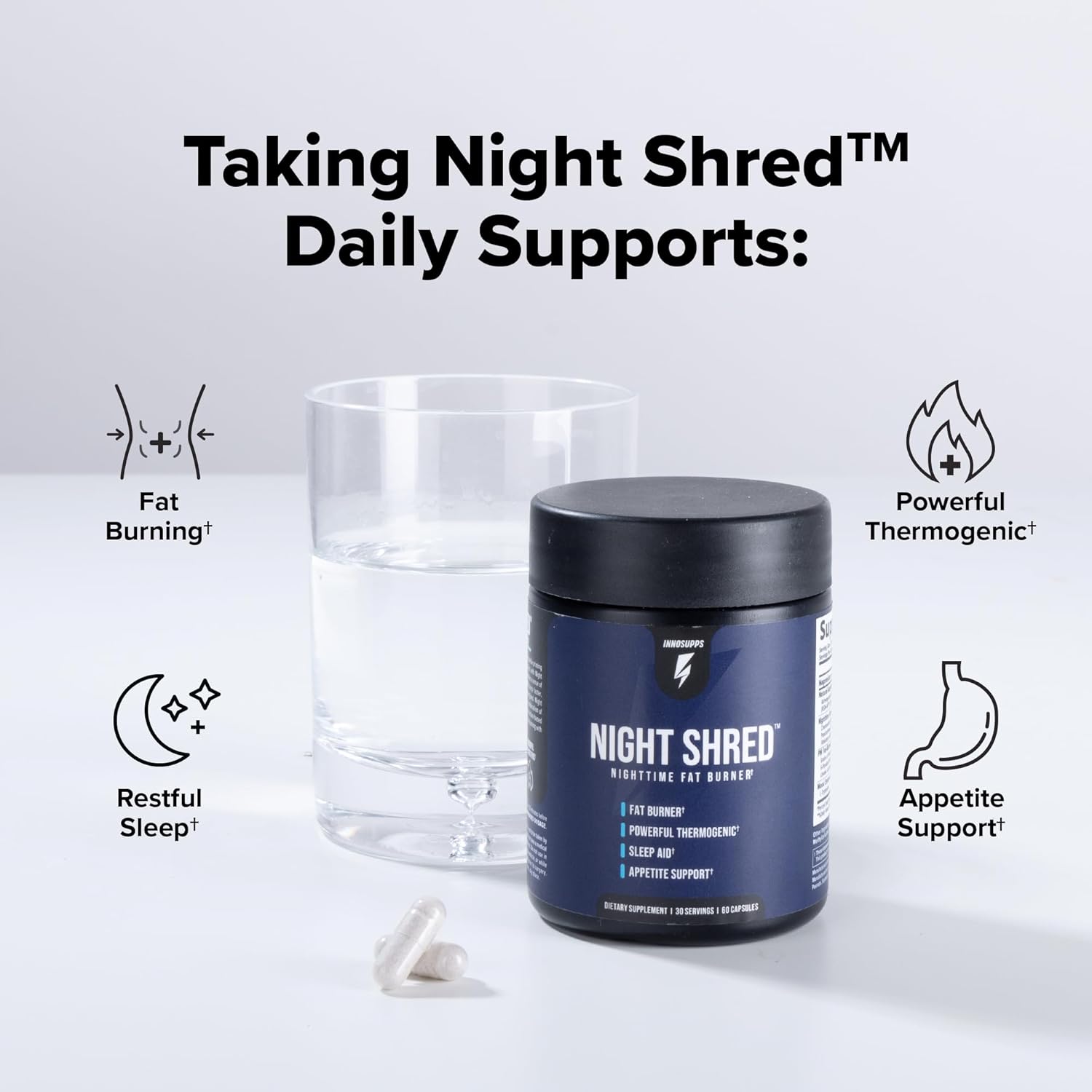 Highlights multiple benefits of the Night Shred supplement, showcasing its effectiveness for fat burning, sleep improvement, and appetite control.