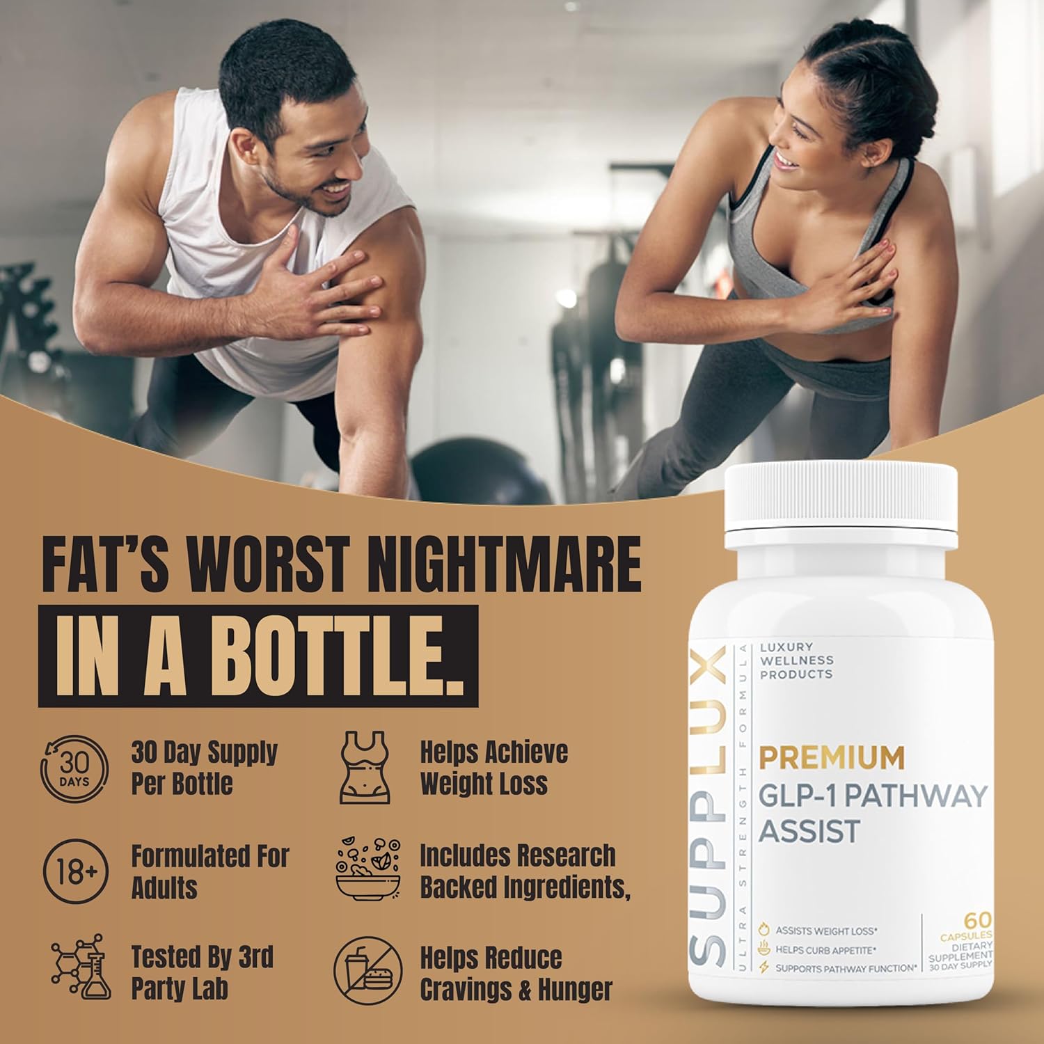 Highlights multiple benefits of the supplement including weight loss, appetite control, and scientific backing to appeal to health-conscious consumers.