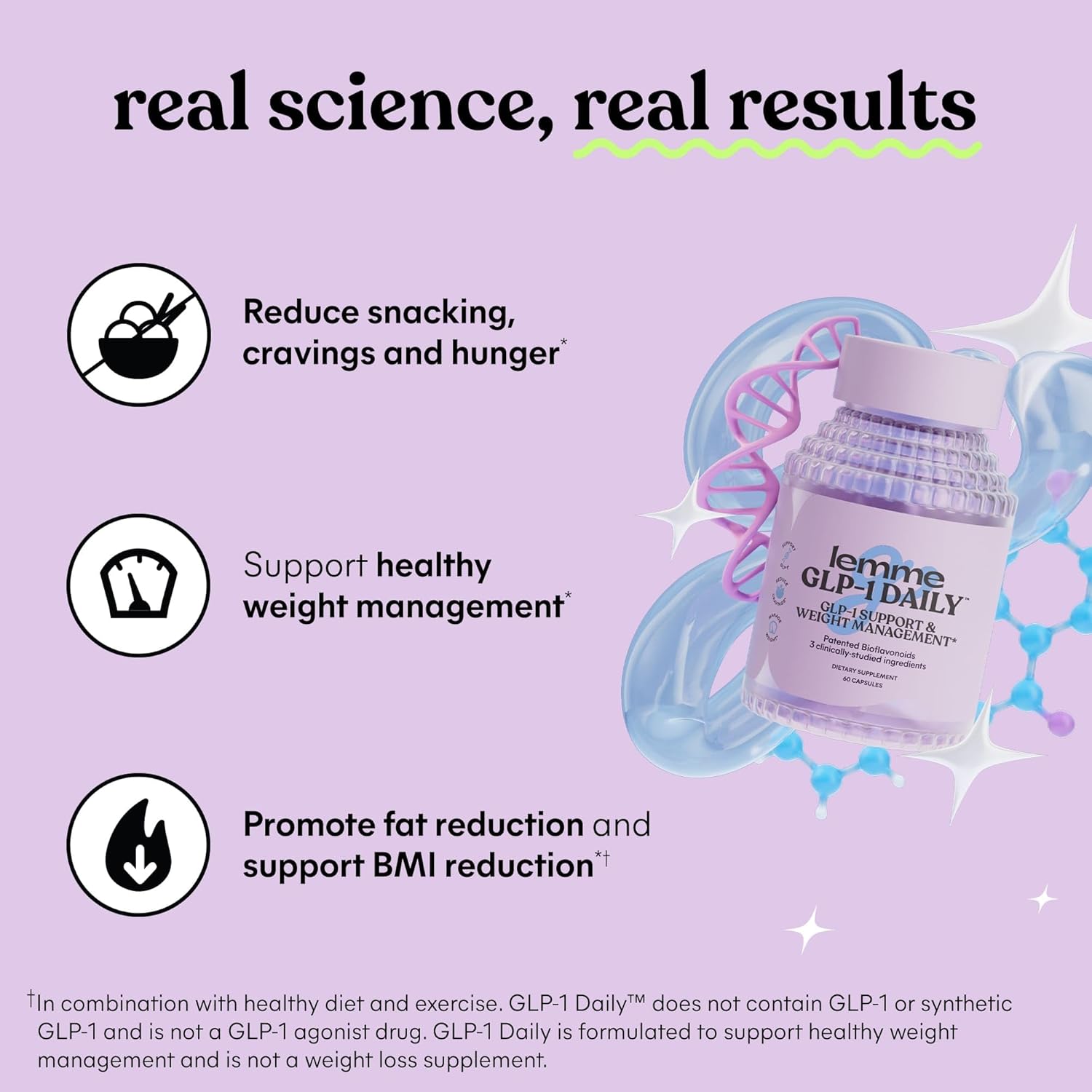Highlights multiple benefits of the product for weight management, including reduced snacking, healthy weight support, and fat reduction.