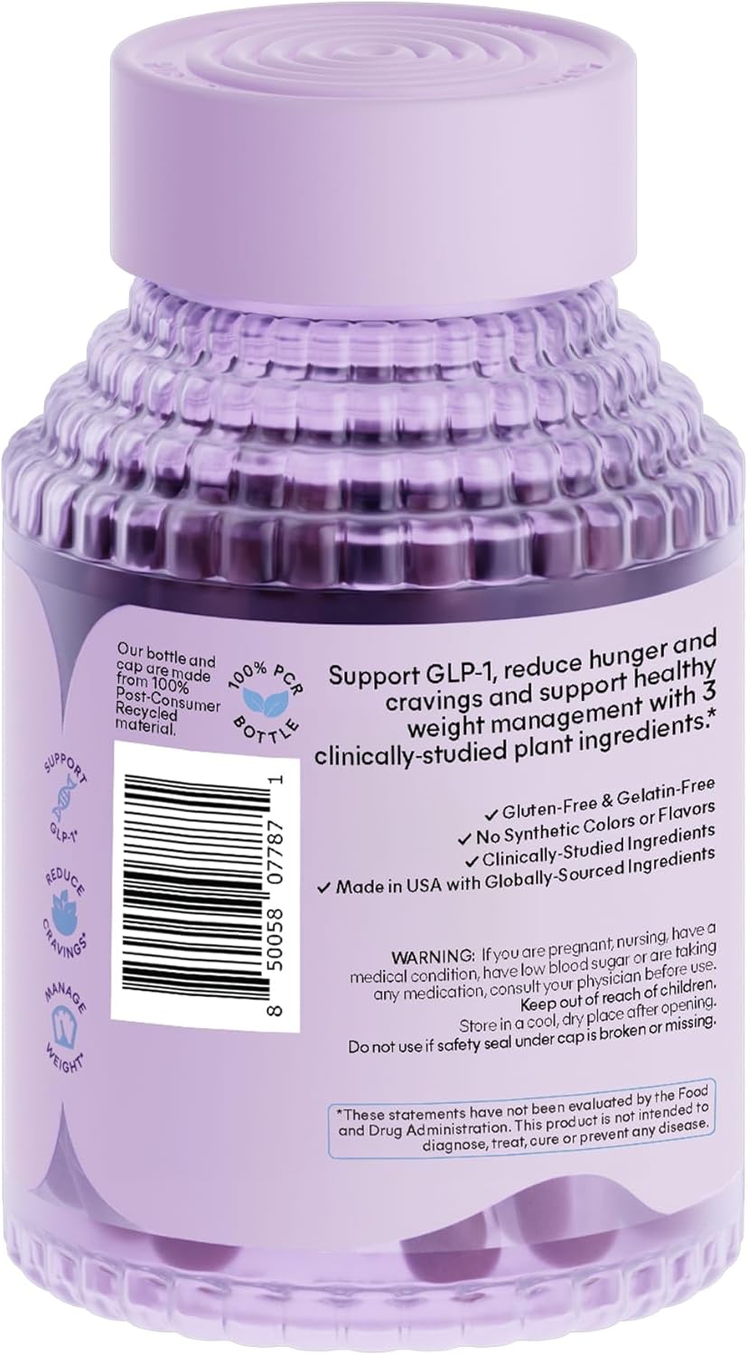 Highlights the product's ability to support GLP-1, reduce hunger and cravings, and aid in weight management using plant ingredients.
