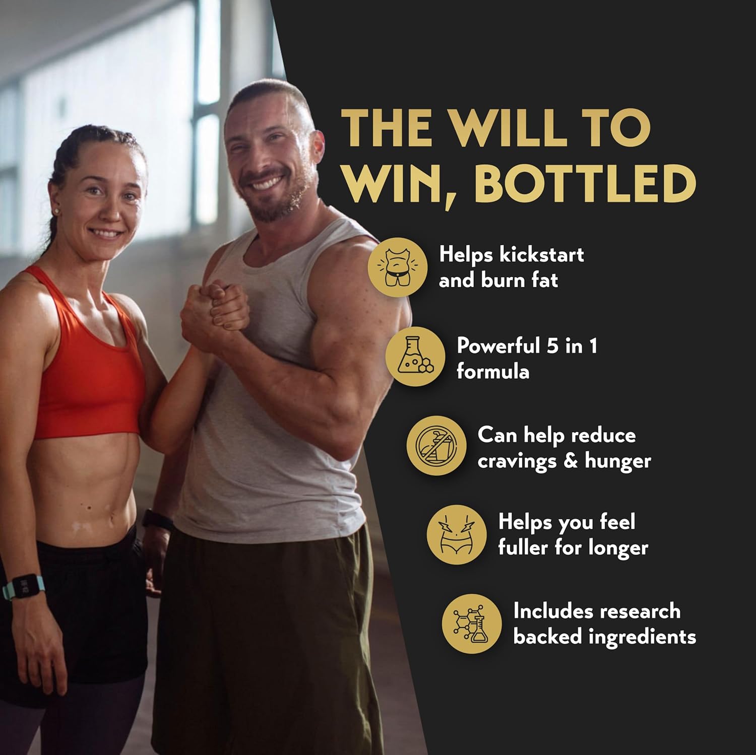 Highlights multiple benefits of the product to showcase its effectiveness for weight loss and fitness goals.