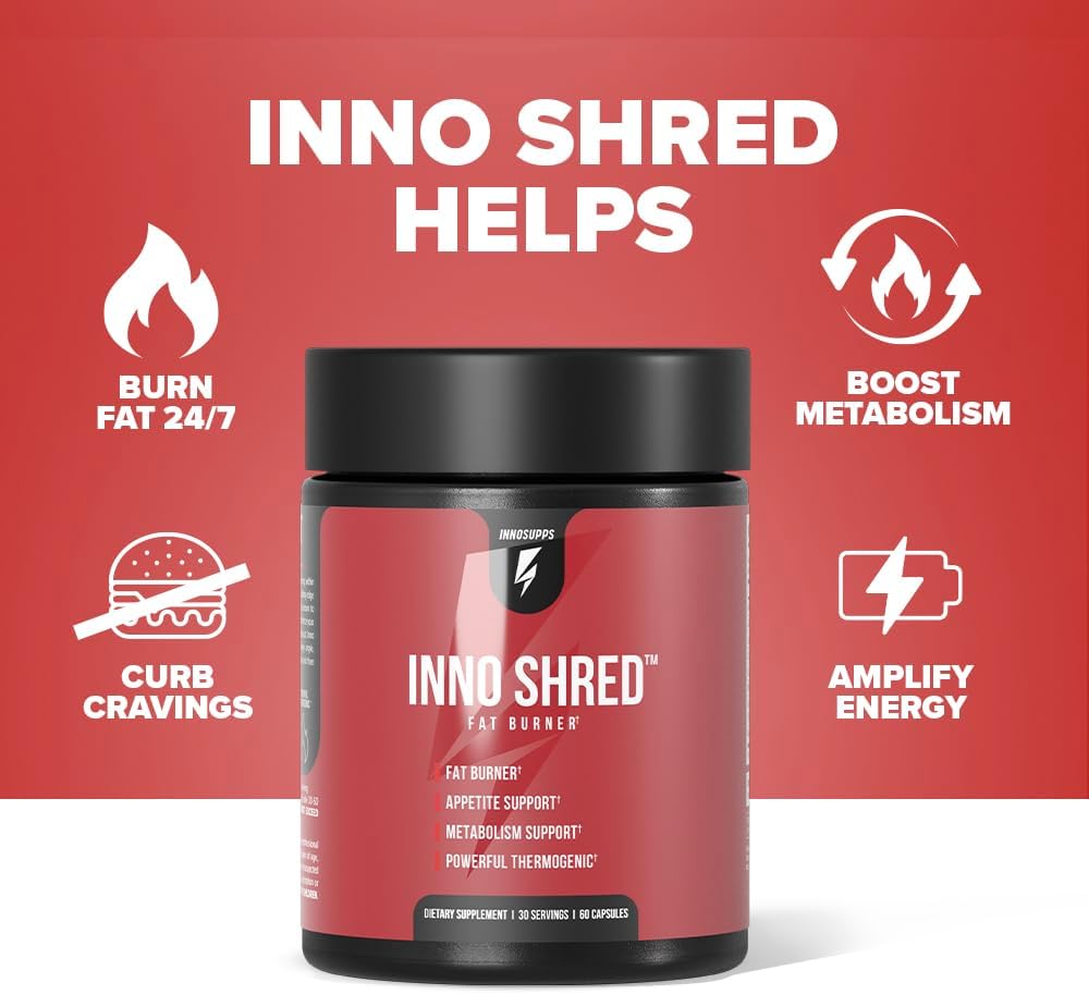 Highlights multiple benefits of the Inno Shred supplement to show its comprehensive approach to weight loss and fitness support.