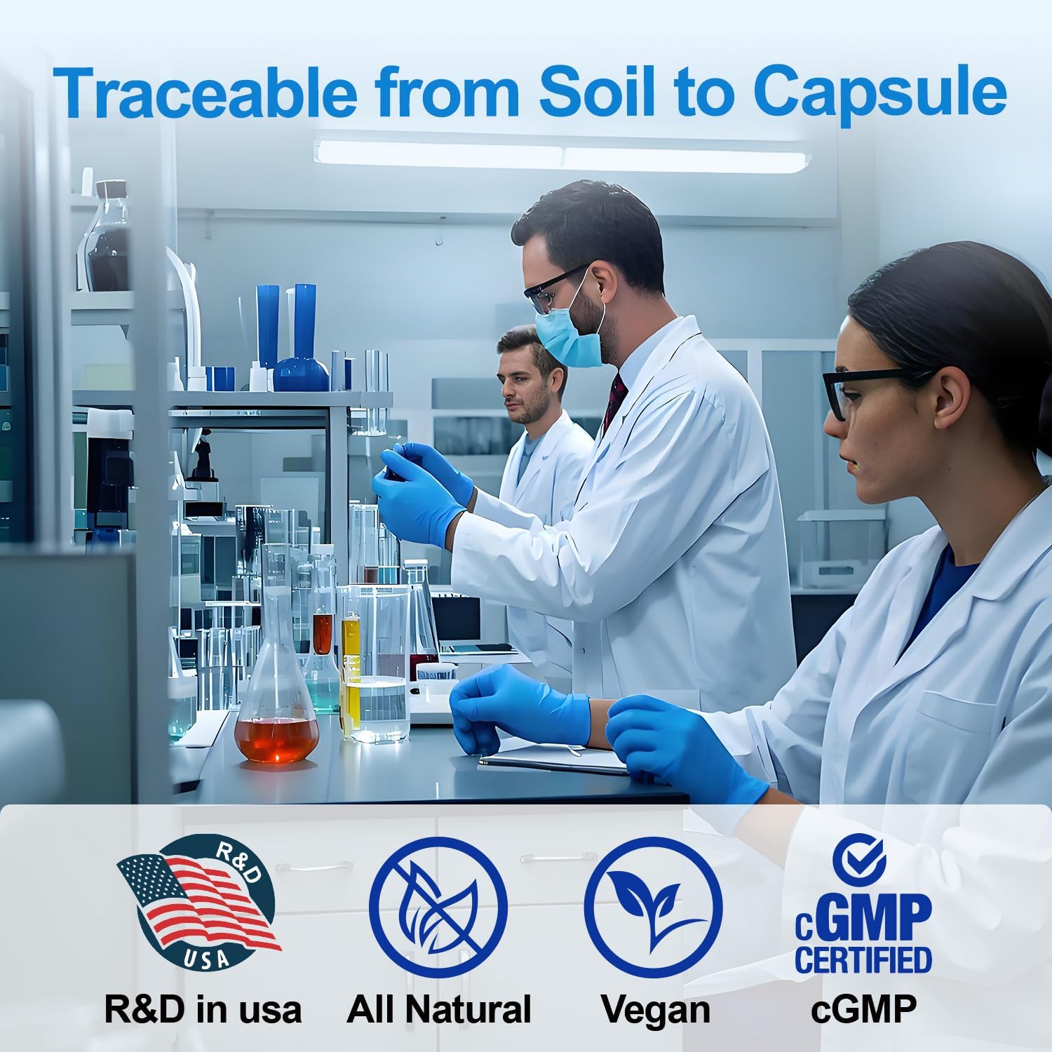 Demonstrates the product's rigorous quality control process and certifications to build trust in its safety and effectiveness. Highlights multiple product benefits and certifications to appeal to…