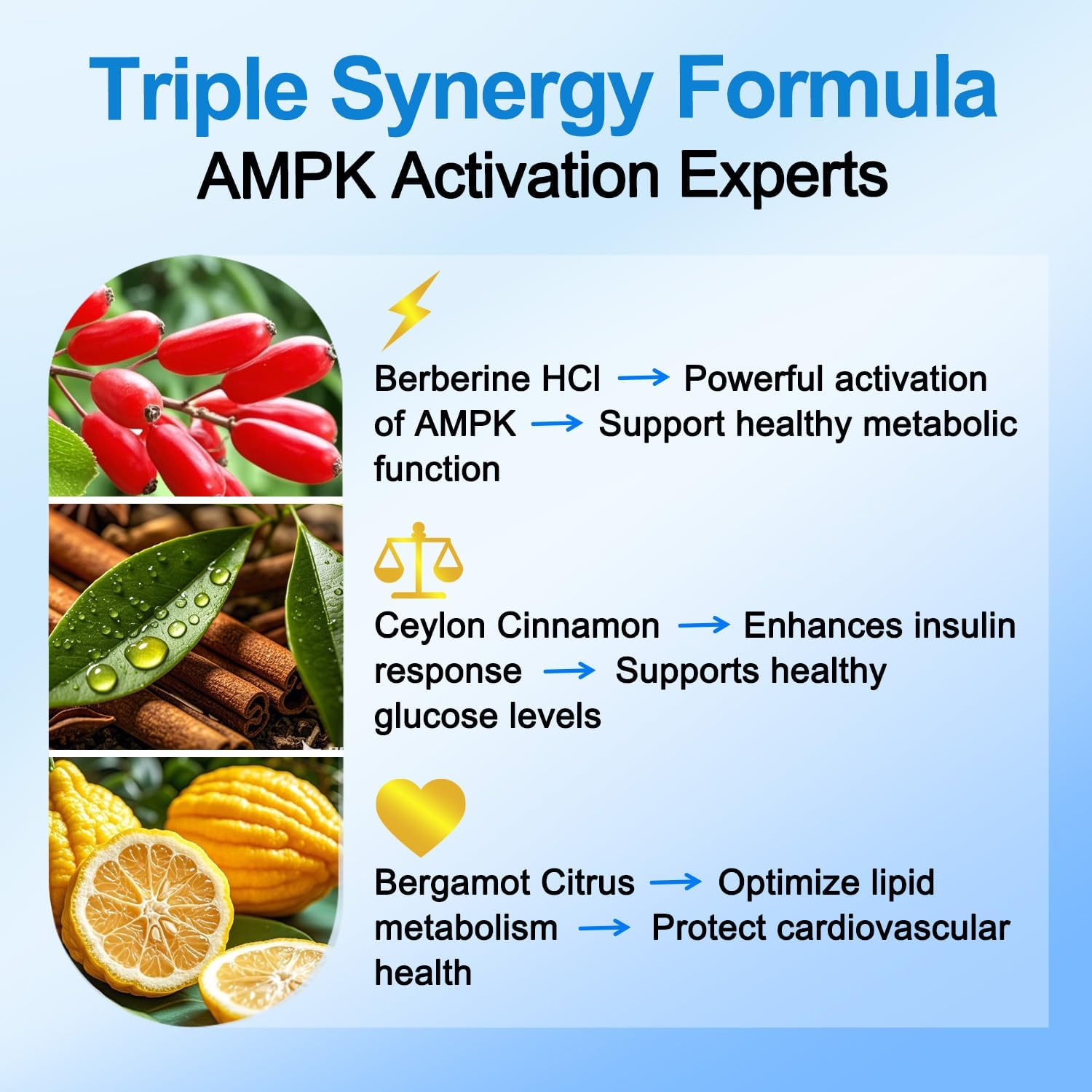 Highlights three key ingredients and their specific health benefits to showcase the product's comprehensive approach to metabolic and cardiovascular support.