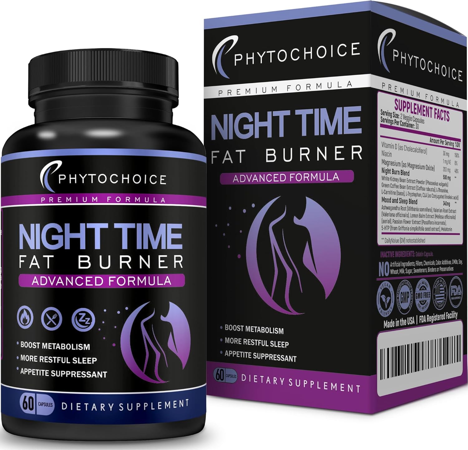 Highlights multiple benefits of the night time fat burner supplement, including boosting metabolism, improving sleep, and suppressing appetite.