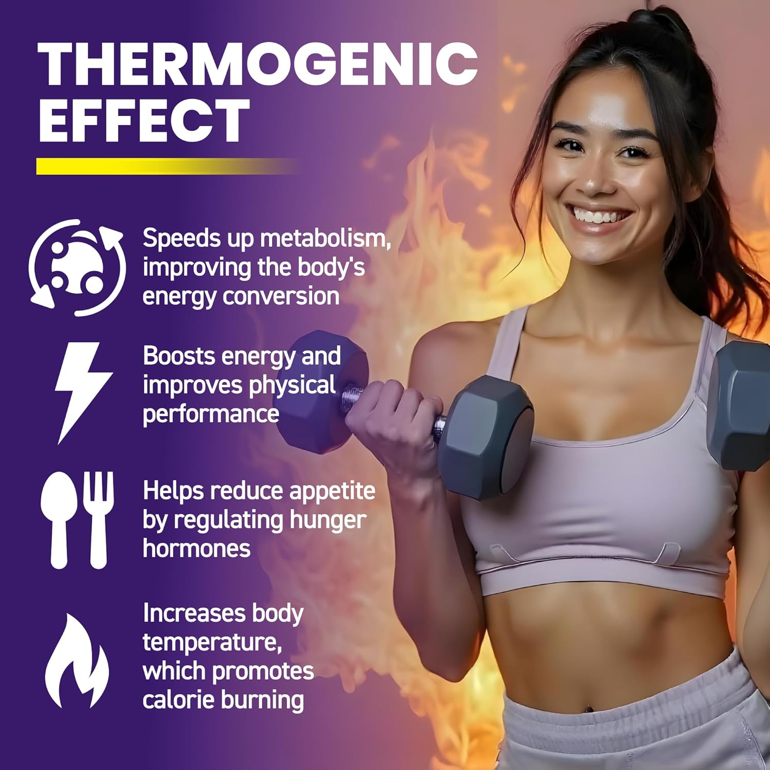 Highlights multiple benefits of the thermogenic effect, showing how it improves metabolism, energy, appetite control, and calorie burning to appeal to fitness-oriented customers.