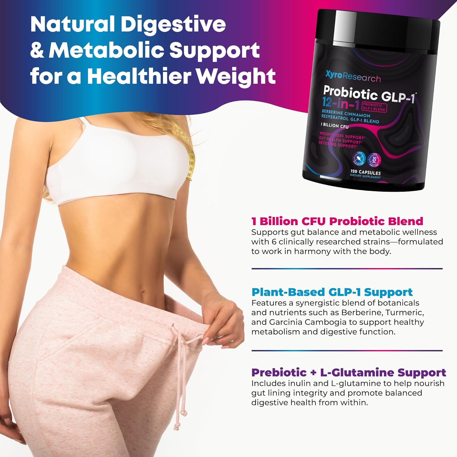 Highlights multiple benefits of the product for digestive and metabolic support, aiming to convince shoppers of its comprehensive approach to weight management.