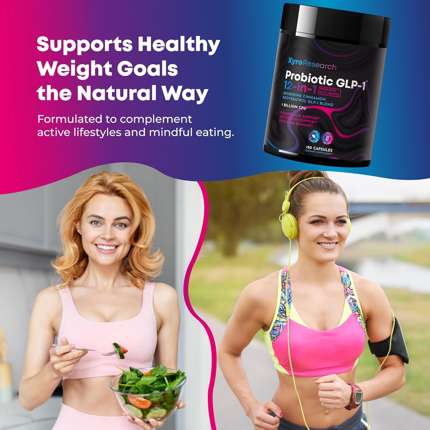 Showcases how the product supports healthy weight goals through natural means and complements an active lifestyle with mindful eating.