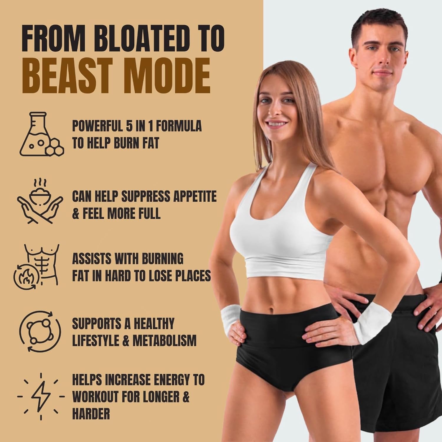 Highlights multiple benefits of the product to show its comprehensive approach to weight loss and fitness improvement.