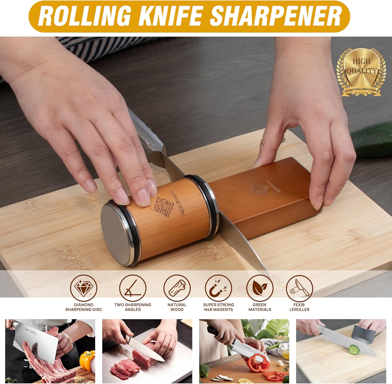 Highlights multiple features and benefits of the rolling knife sharpener, emphasizing its quality materials, versatility, and eco-friendliness.