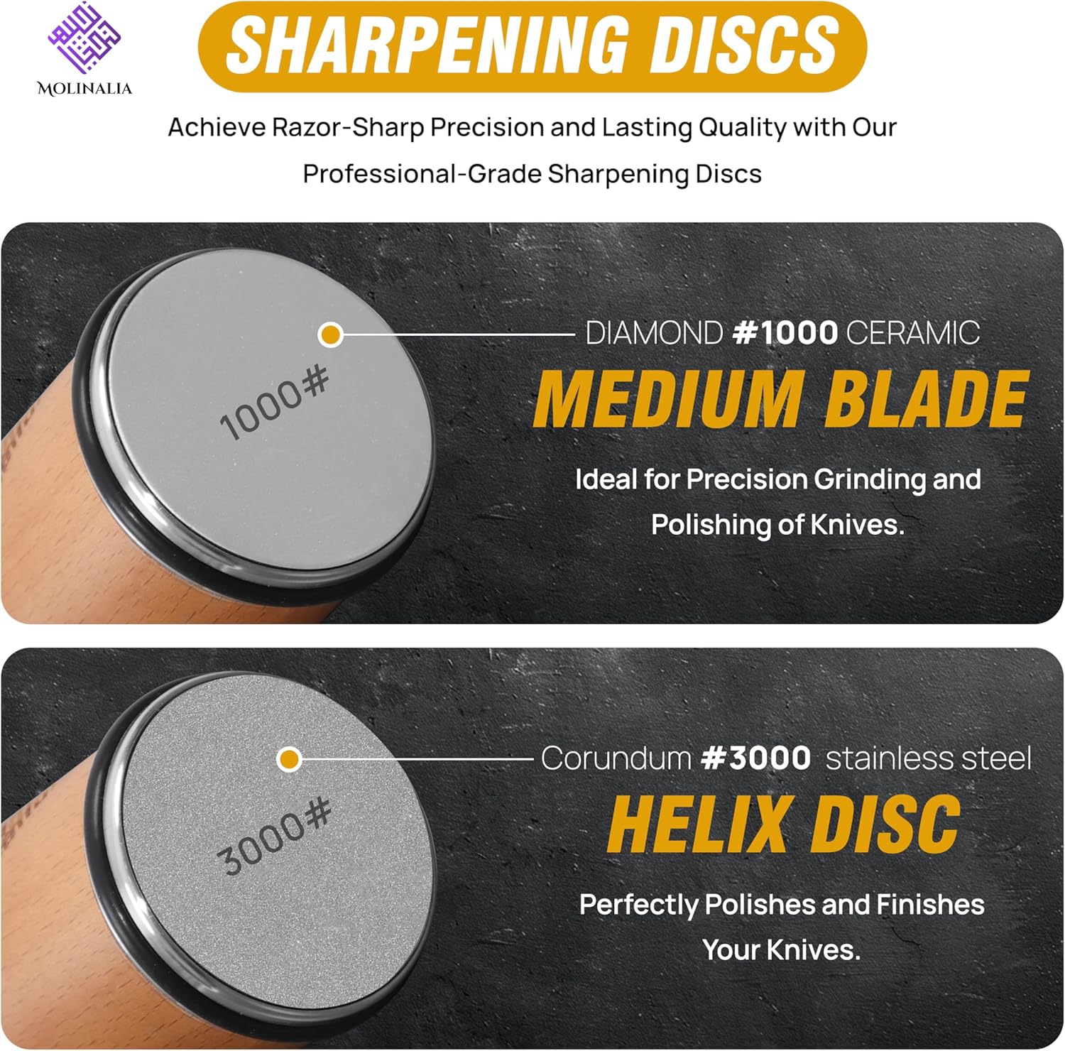 Highlights the different types of sharpening discs and their specific uses for achieving razor-sharp precision and lasting quality in knife sharpening.