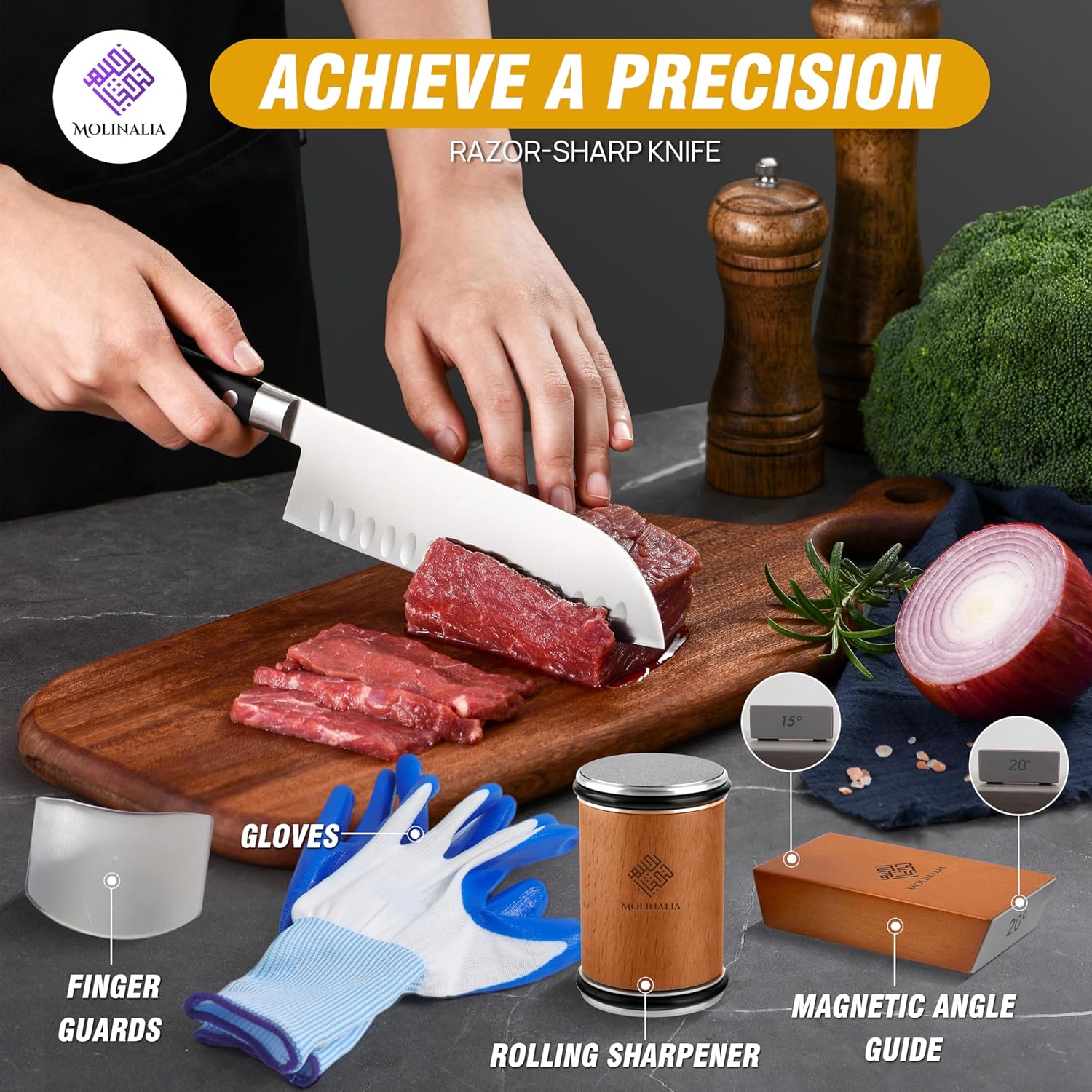 Showcases the knife's precision cutting ability along with safety features and sharpening accessories to emphasize the complete knife care system.