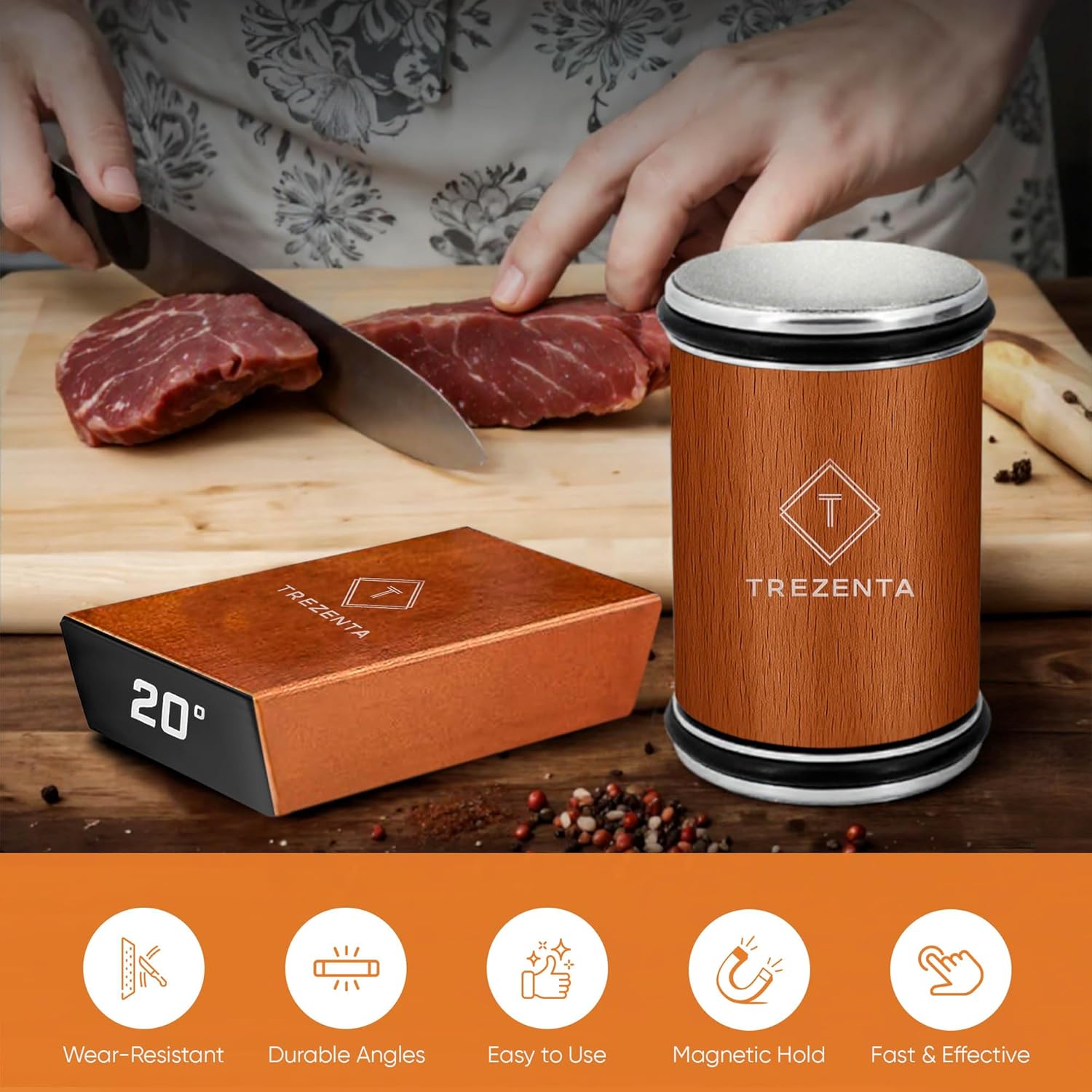 Highlights multiple features and benefits of the knife sharpener, emphasizing its durability, ease of use, and effectiveness.