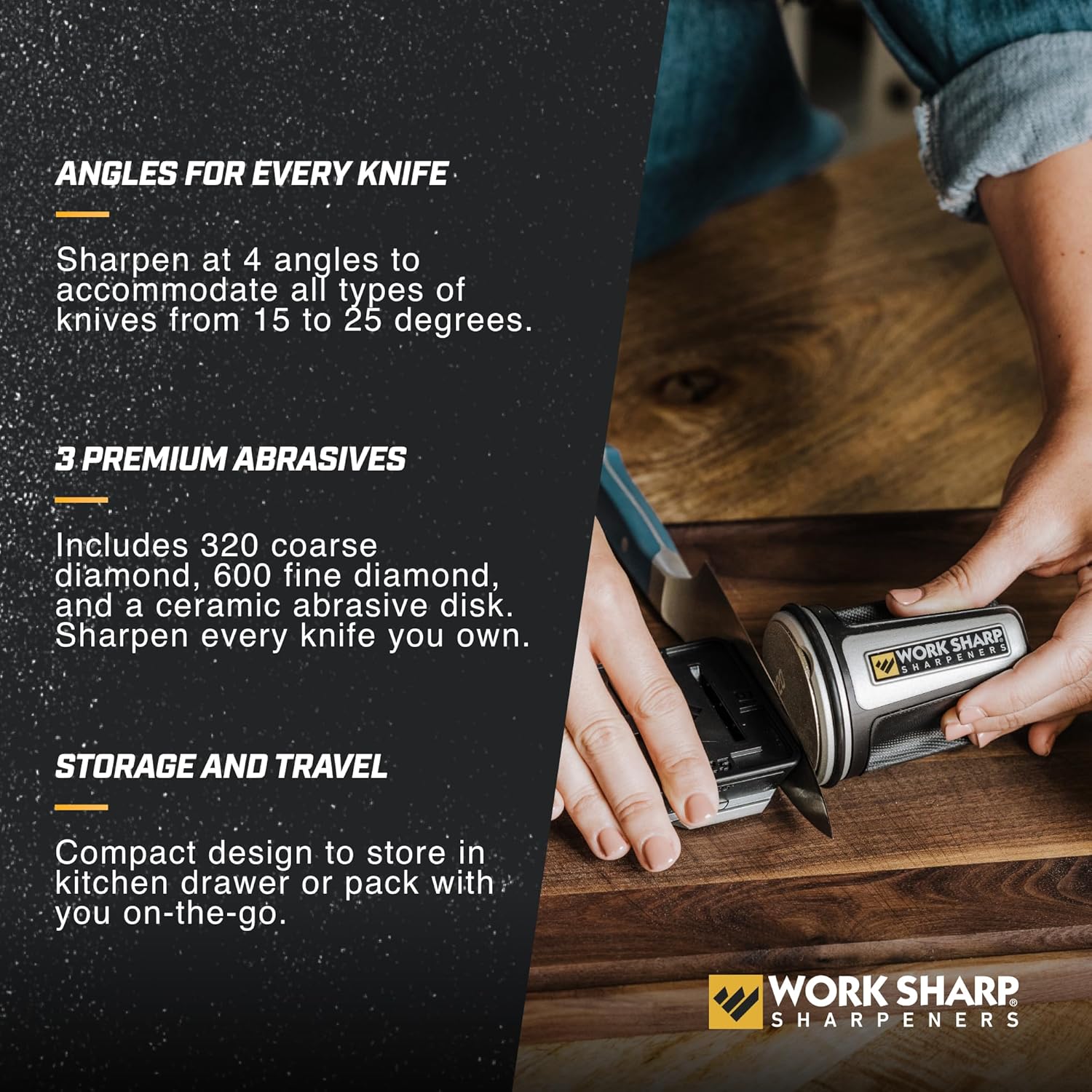 Highlights the product's versatility in sharpening different knife types, its high-quality sharpening materials, and its convenient portability.