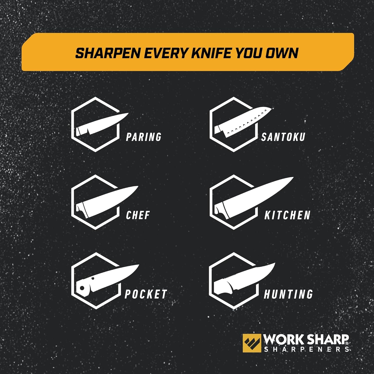 Demonstrates the versatility of the product by showing it can sharpen various types of knives, from kitchen to outdoor use.