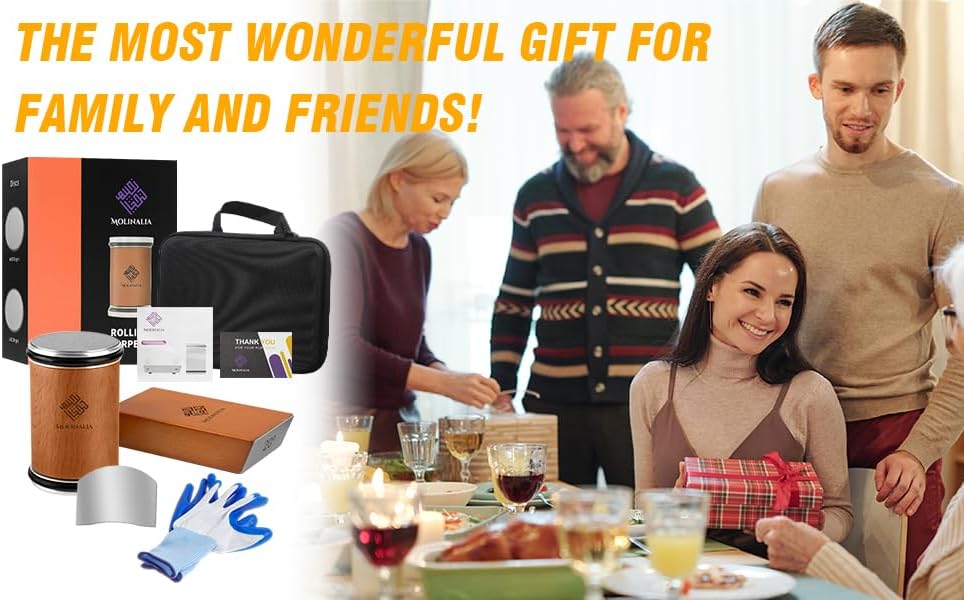 Positions the product as an ideal gift for family and friends during holiday gatherings. Shows the various items included in the gift set to demonstrate value and completeness of the offering.