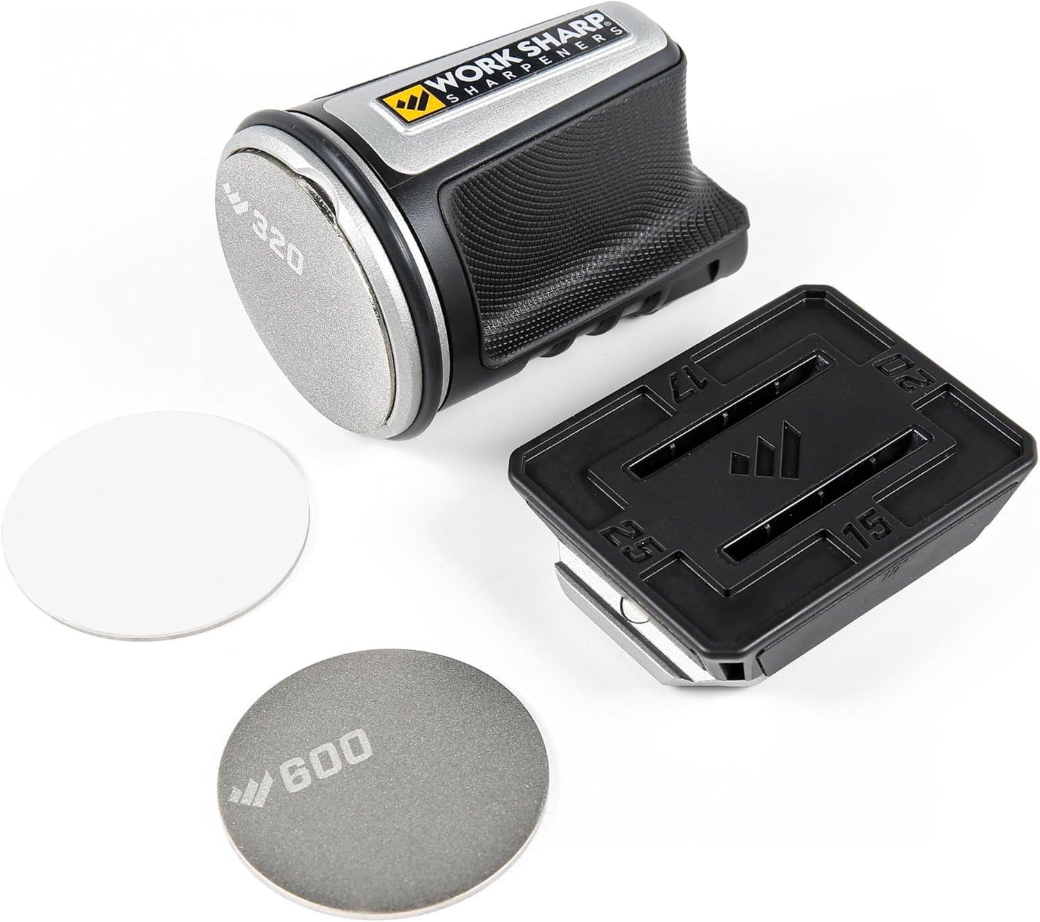 Shows all the components included with the Work Sharp knife sharpener, demonstrating the complete package customers will receive.