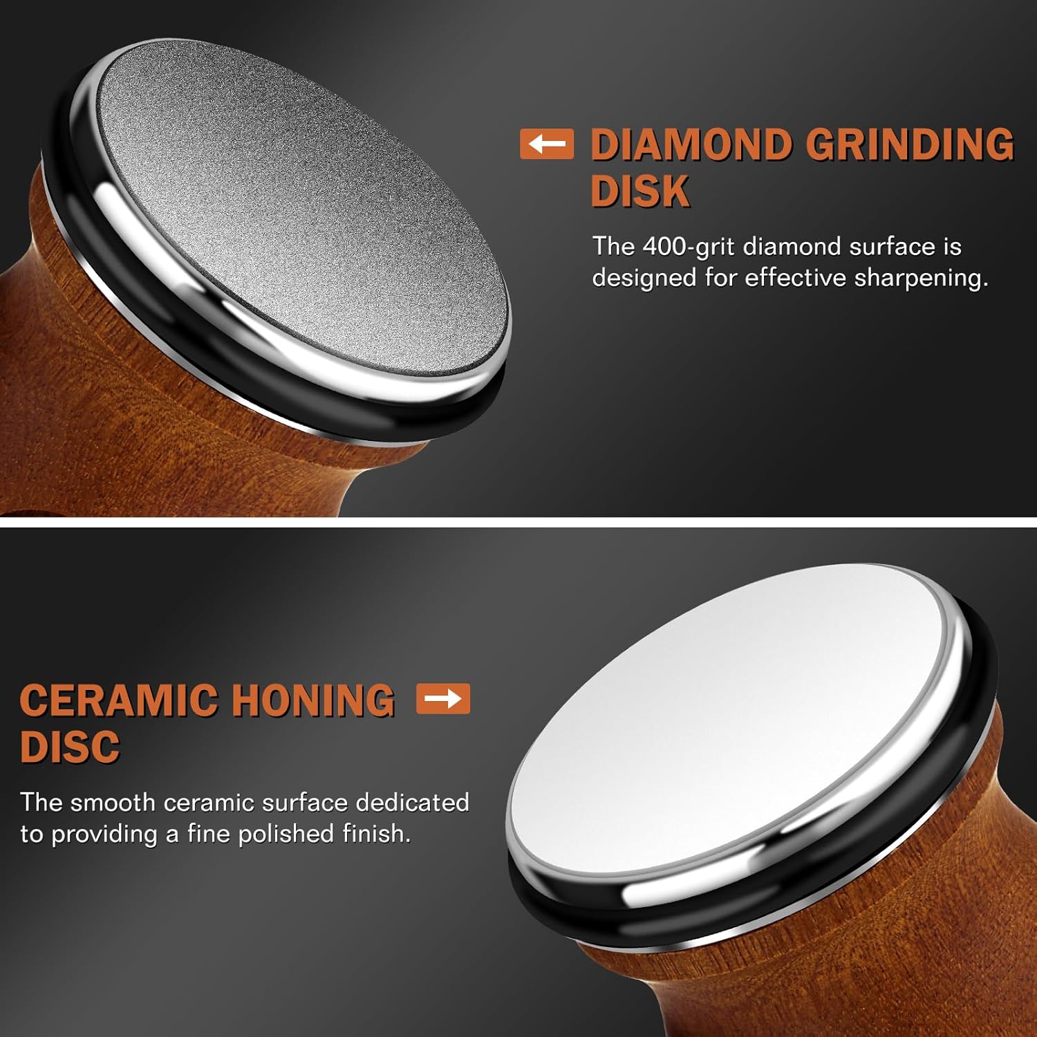 Highlights the two key components of the sharpening tool, explaining their specific functions for effective knife sharpening.