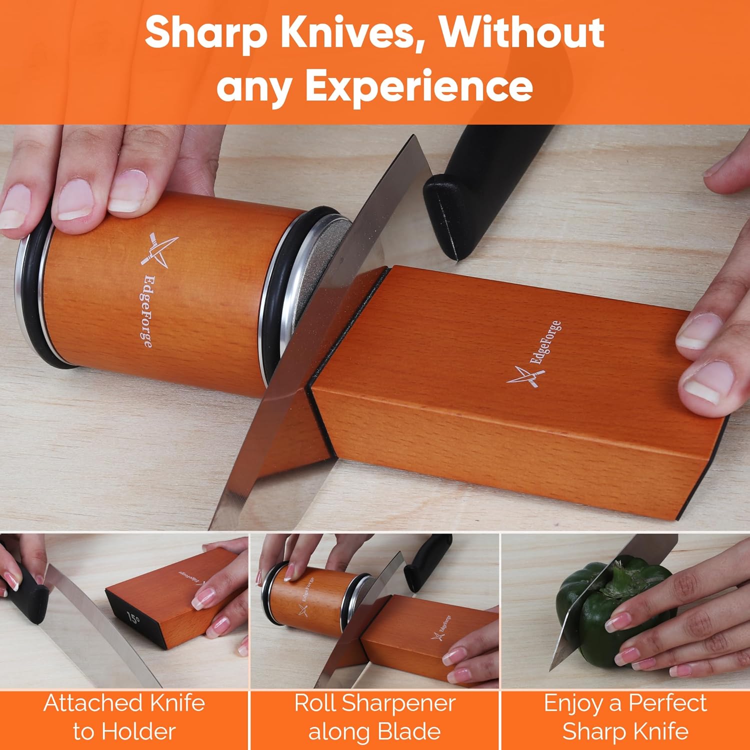 Demonstrates the easy process of sharpening knives using the product, emphasizing that no experience is required. Highlights the product's main benefit of effortlessly sharpening knives without any…