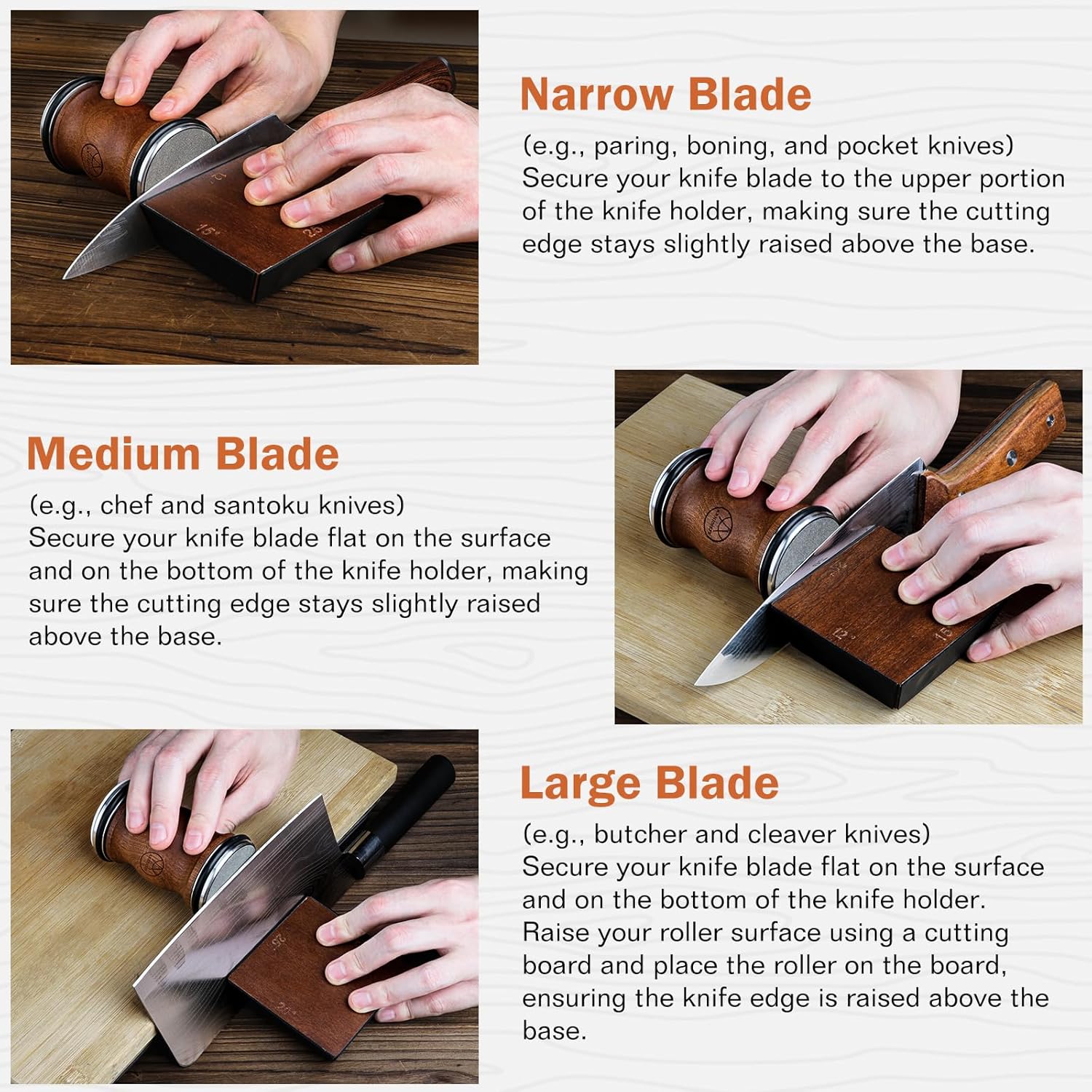 Demonstrates the correct way to sharpen different types of knife blades using the product, ensuring proper technique for optimal results.