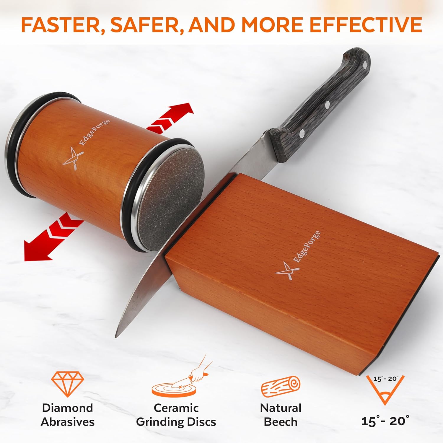 Highlights multiple features of the knife sharpener to demonstrate its superior performance and quality construction.