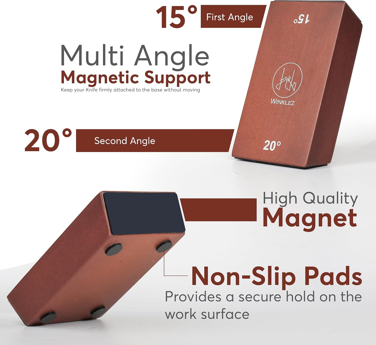 Highlights the product's versatile angles, magnetic knife attachment, and stable non-slip base to showcase its functionality and convenience for knife storage.