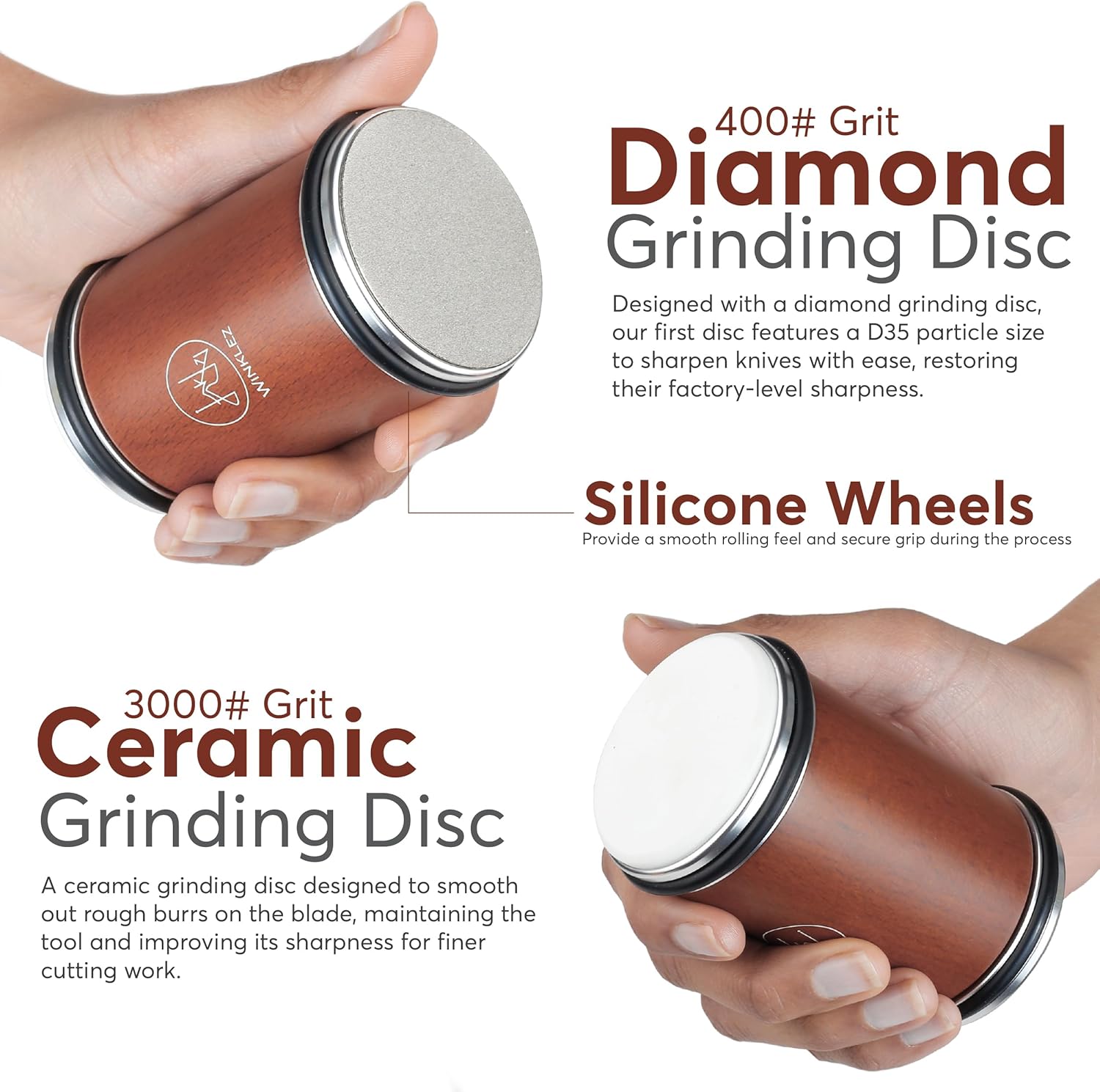 Highlights multiple features of the knife sharpener, including different grinding discs and silicone wheels, to showcase its versatility and effectiveness in restoring knife sharpness.