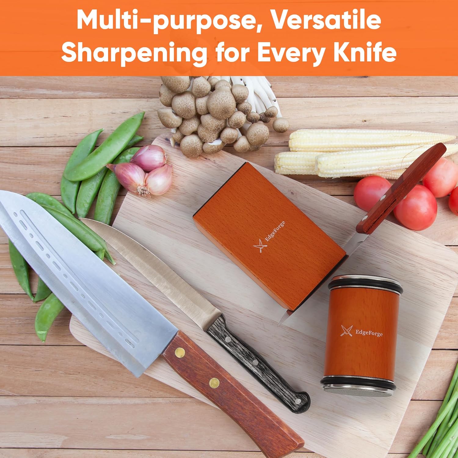 Demonstrates the versatility of the knife sharpener by showing various types of knives it can sharpen, alongside cooking ingredients to reinforce its kitchen utility.