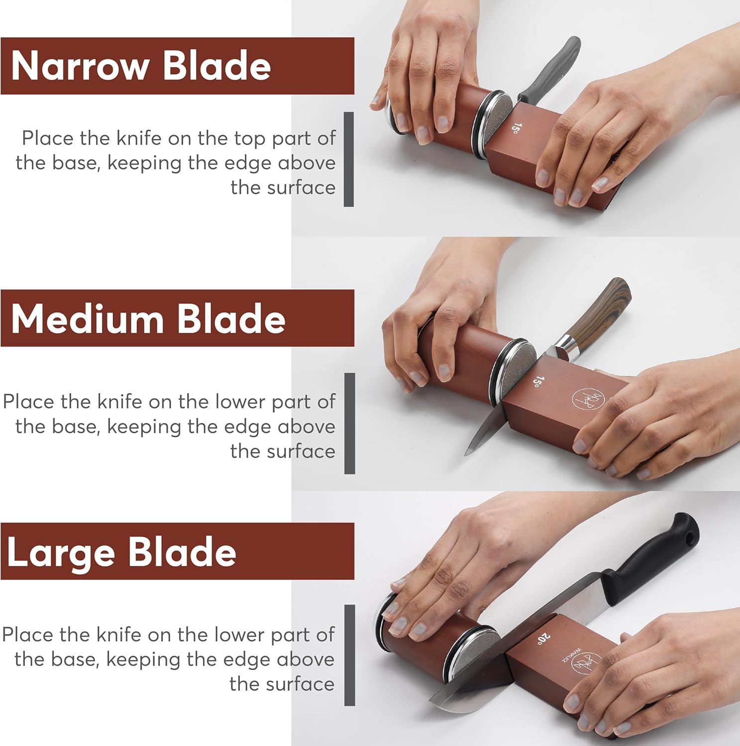 Demonstrates the correct placement of different knife blade sizes on the sharpening base to ensure proper sharpening technique.