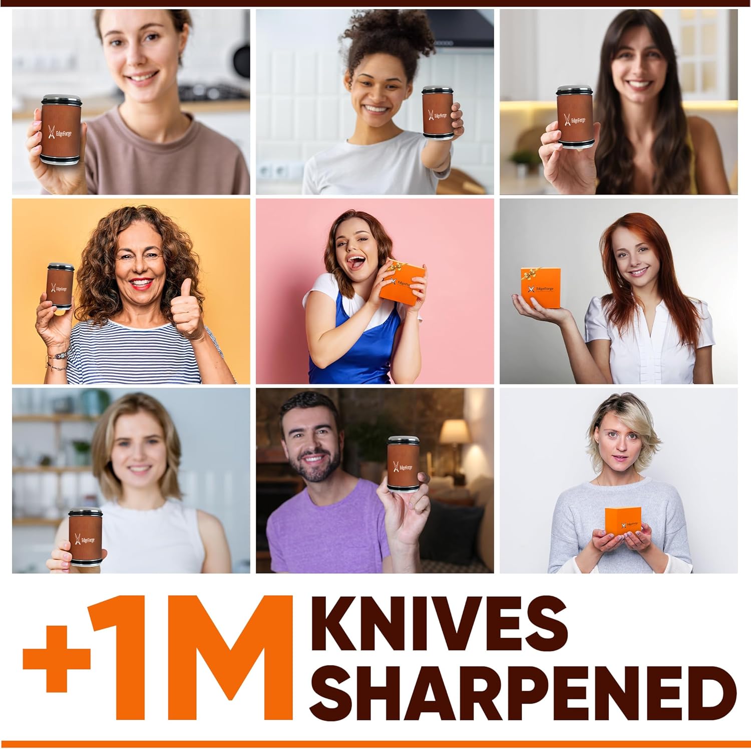 Highlights the significant achievement of sharpening over 1 million knives, demonstrating the product's popularity and effectiveness. Shows multiple happy customers using the product, building trust…