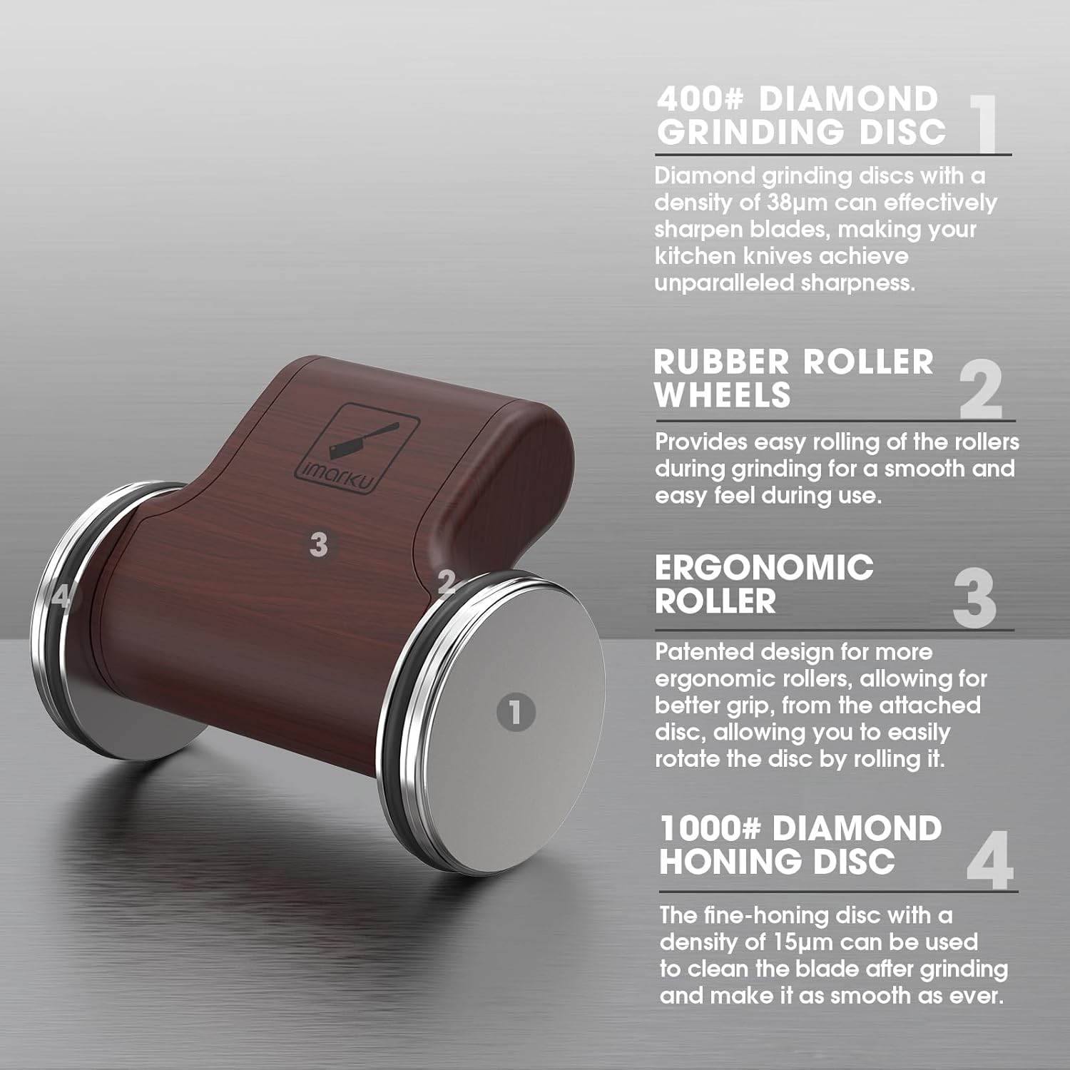 Highlights the key features and components of the knife sharpener, explaining their functions to demonstrate the product's effectiveness and ease of use.