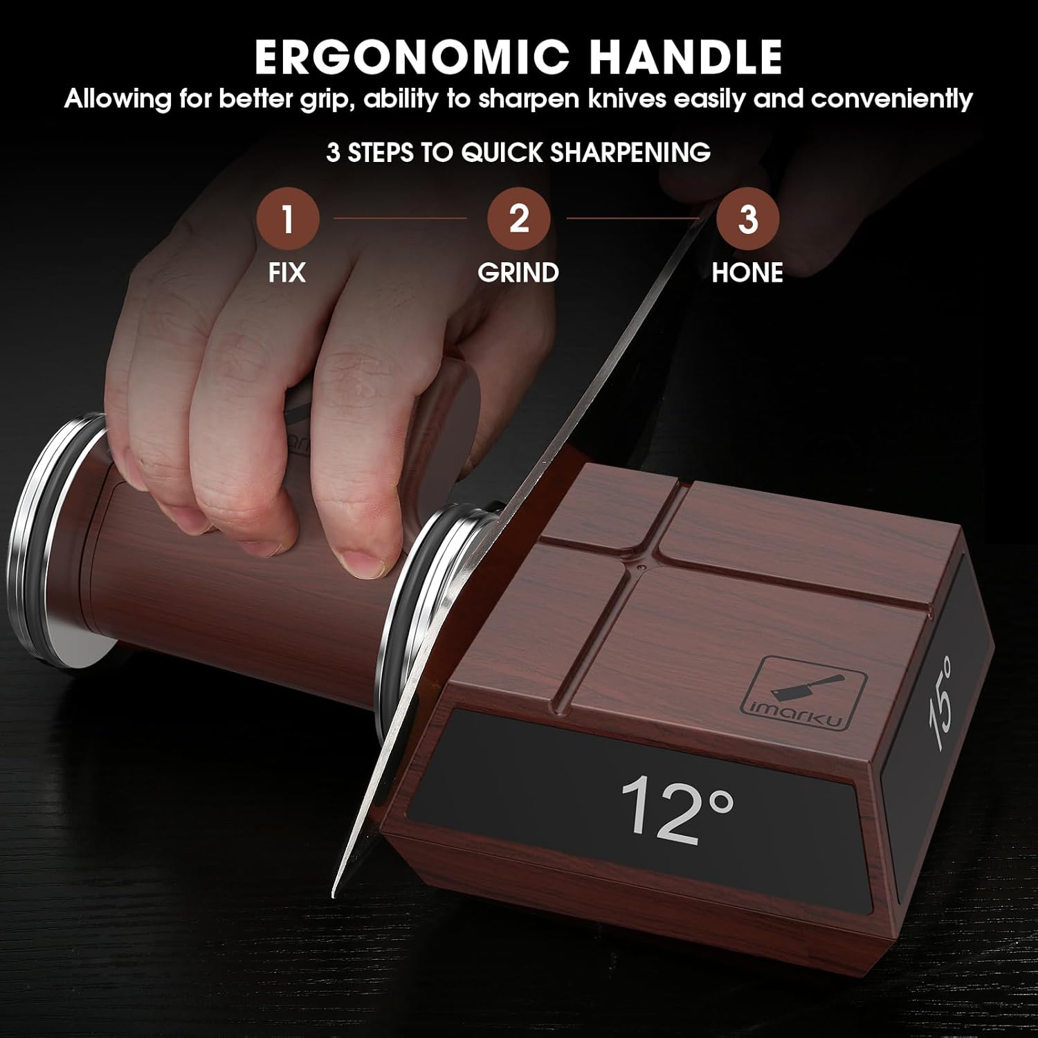 Demonstrates the 3-step process for sharpening knives using the product, highlighting its ease of use and ergonomic design. Emphasizes the ergonomic handle design for better grip and convenient…