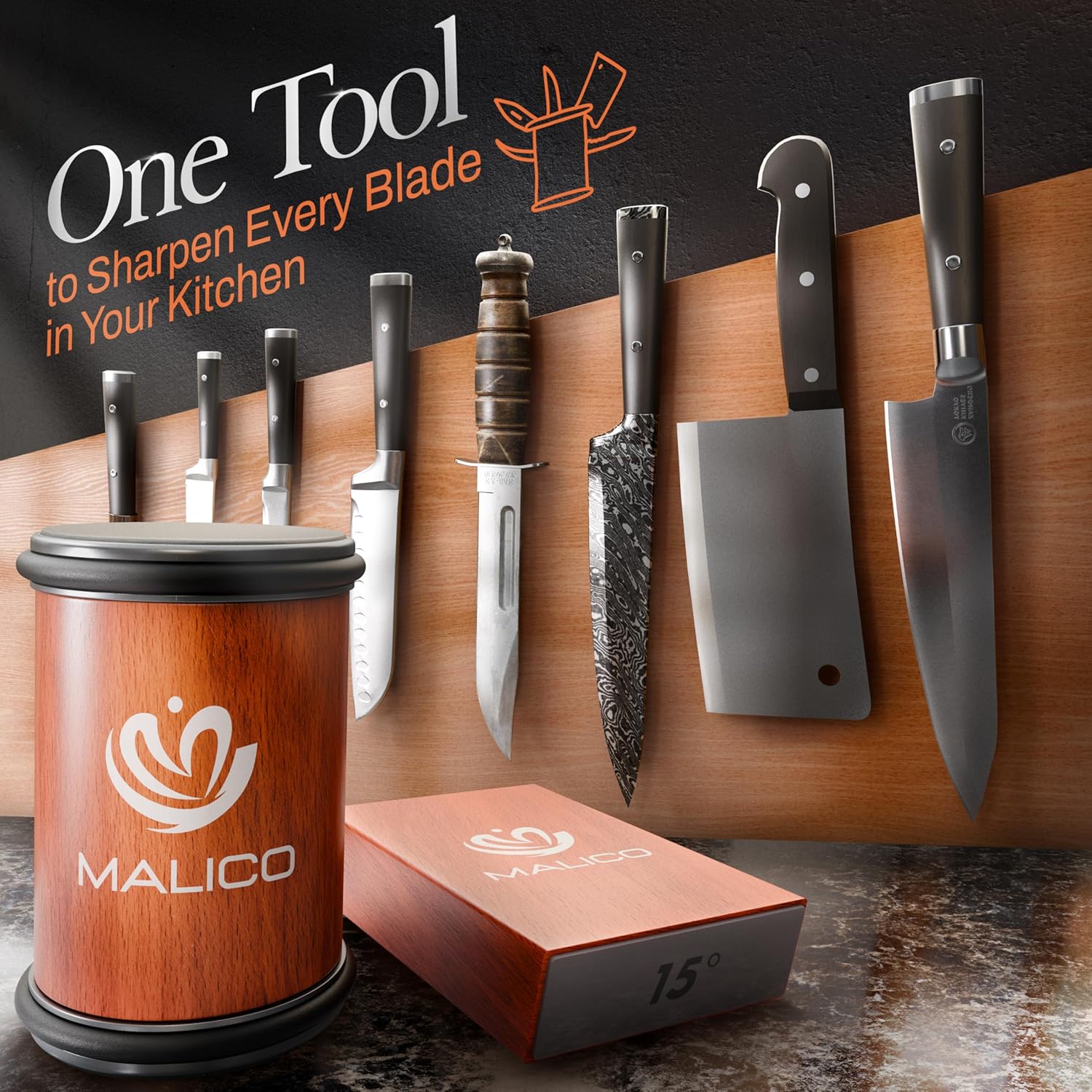 Demonstrates that this single tool can sharpen all types of kitchen knives, emphasizing its versatility and utility.