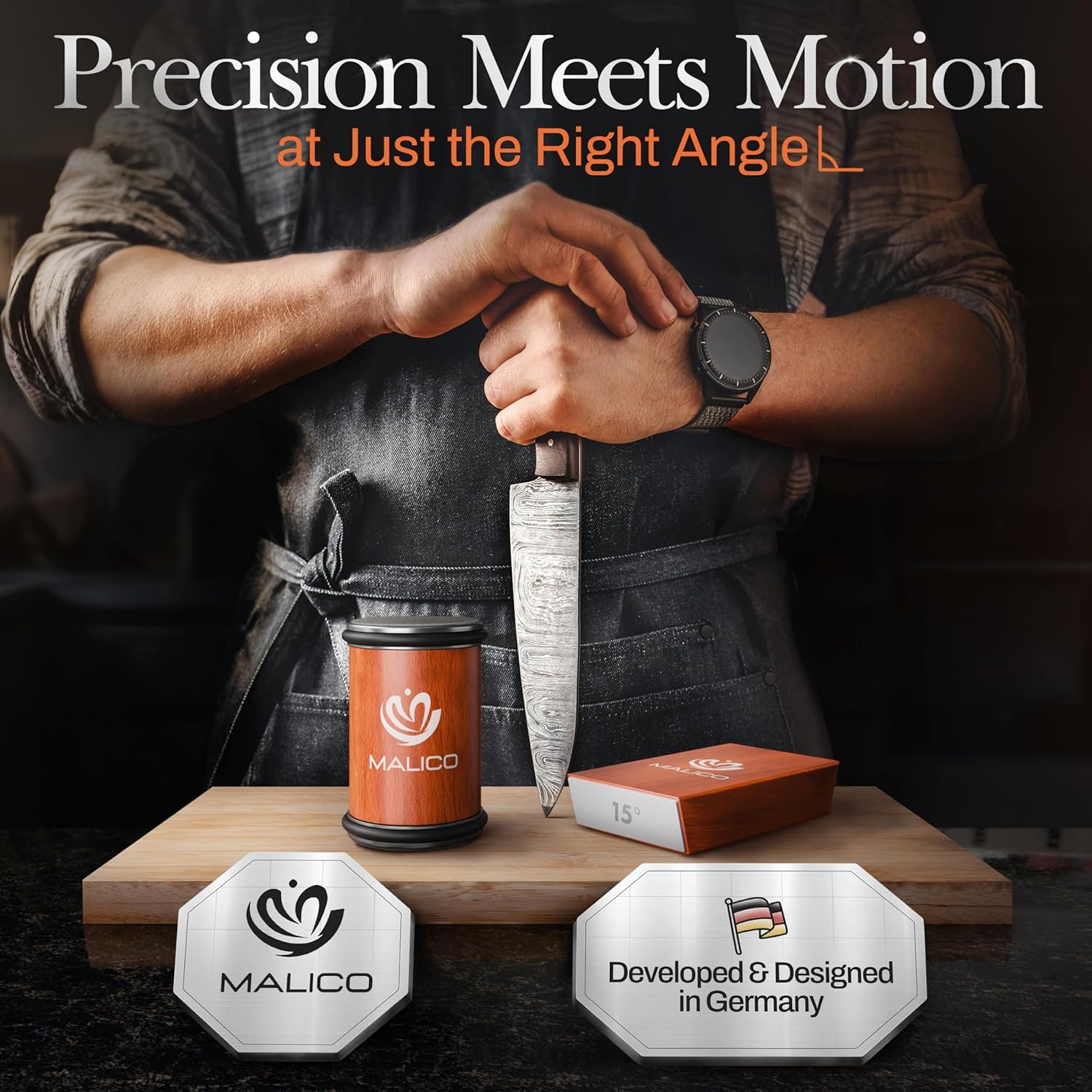 Highlights the product's ability to achieve precise angles for knife sharpening, emphasizing the combination of precision and motion.