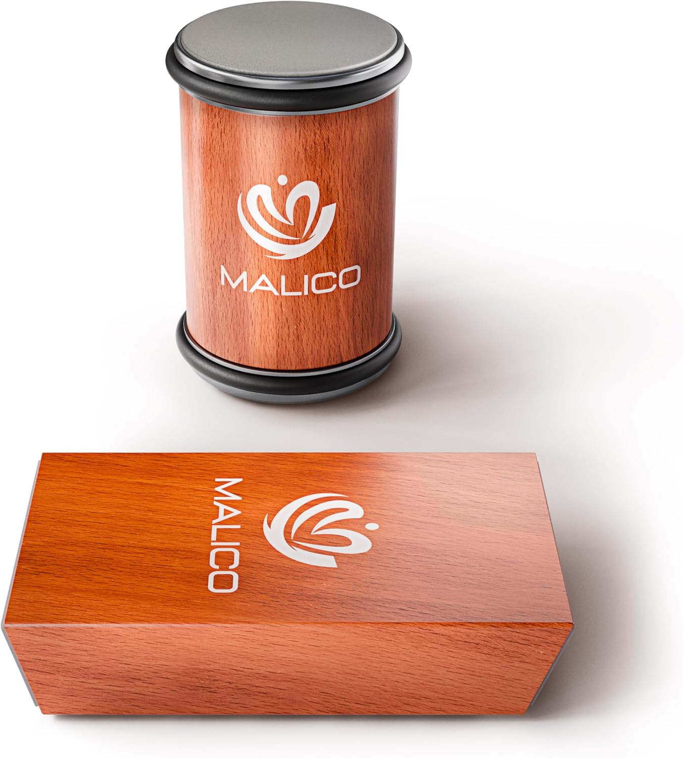 Showcases the Malico brand logo on premium wooden packaging to reinforce brand identity and convey a sense of quality.