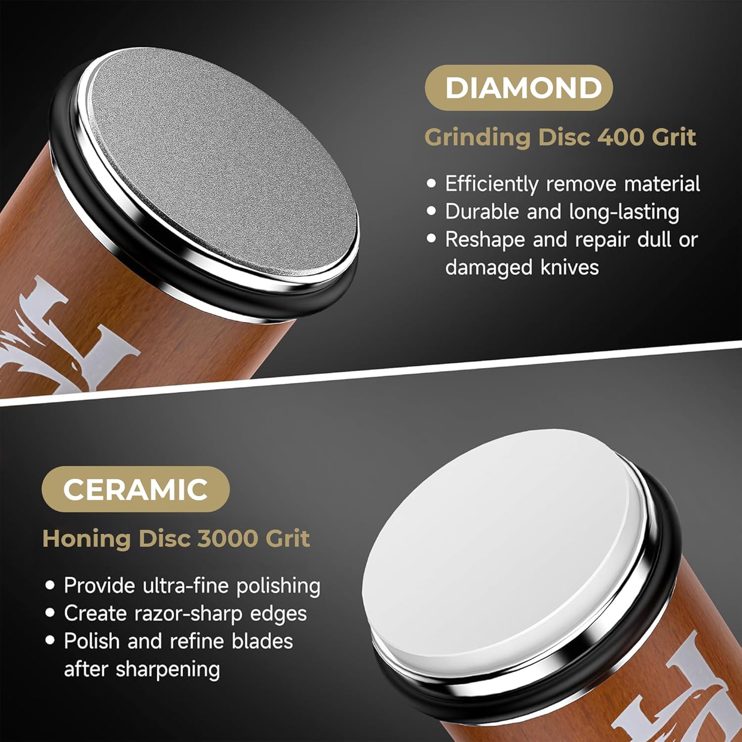 Highlights the different grinding and honing discs included in the product, showcasing their specific features and benefits for knife sharpening.