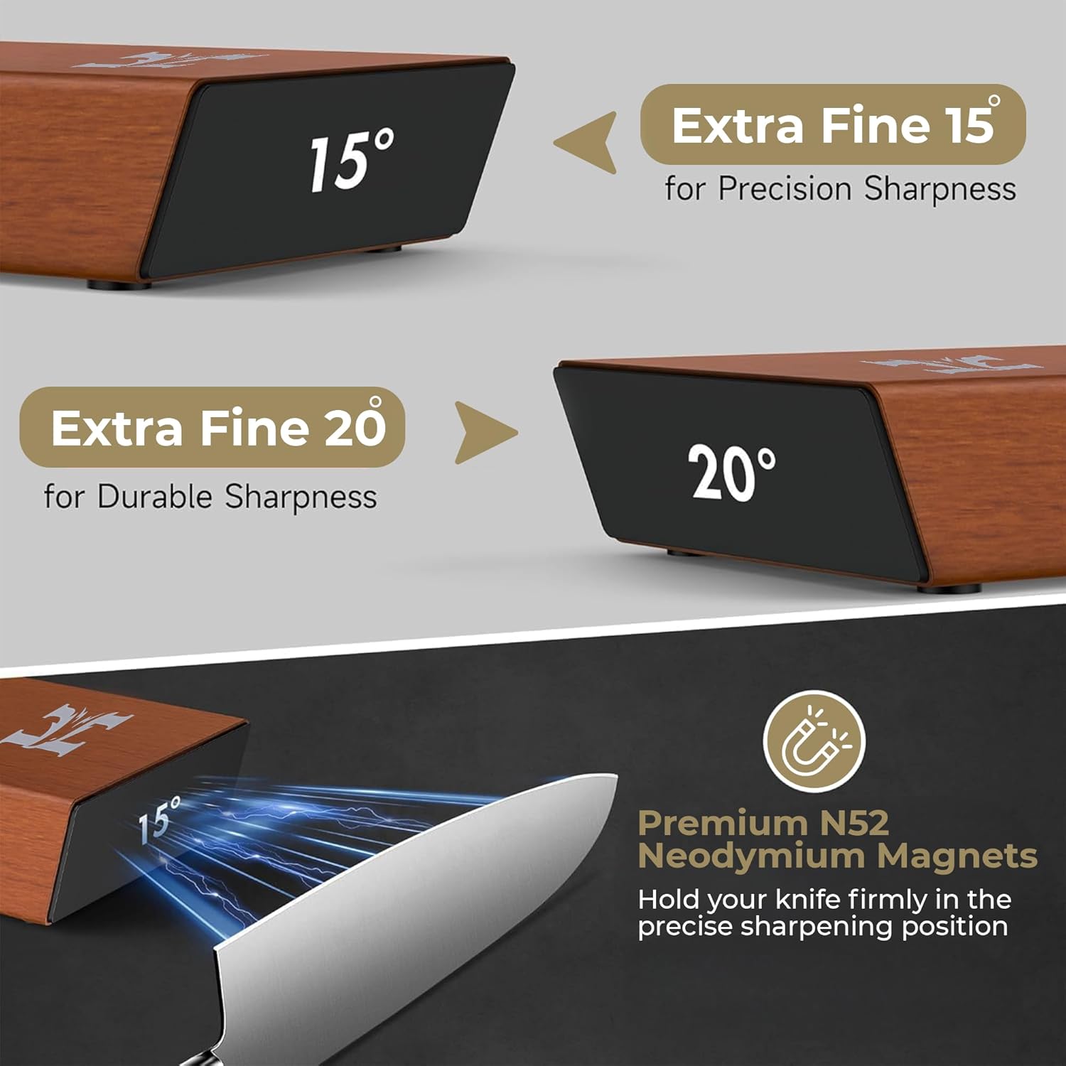 Highlights multiple features of the knife sharpener, including different angle options for precision and durability, as well as the magnetic knife holding capability.