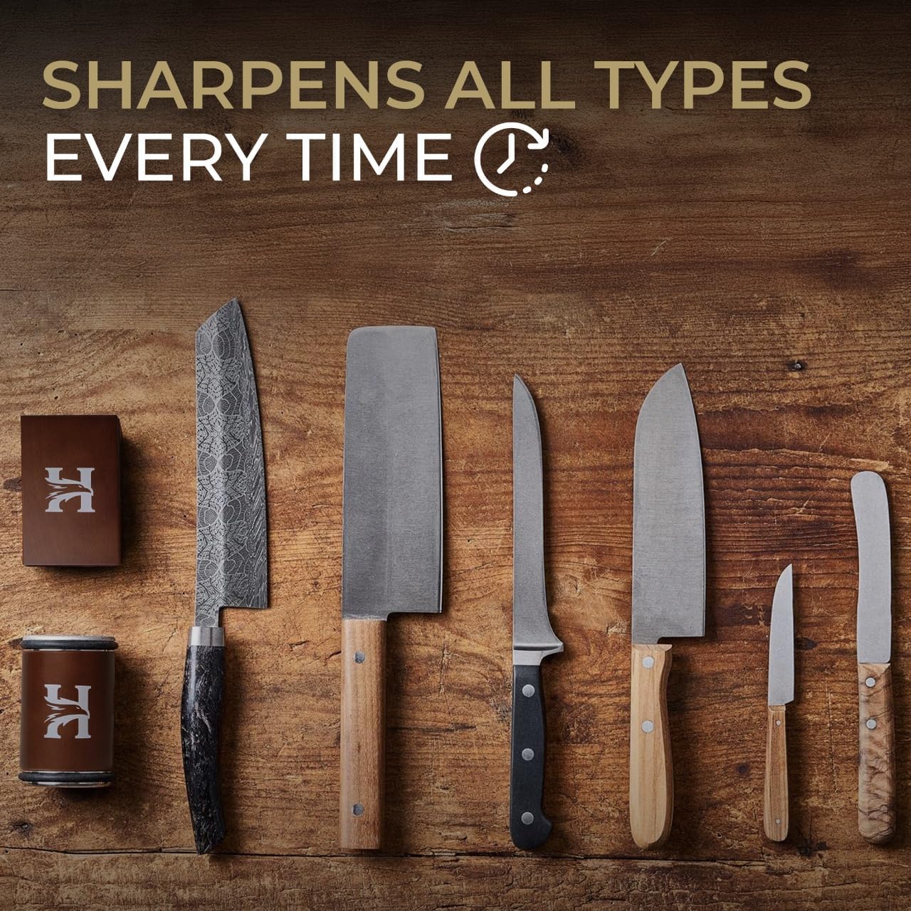 Emphasizes the product's ability to sharpen all types of knives consistently, reassuring customers of its versatility and effectiveness.