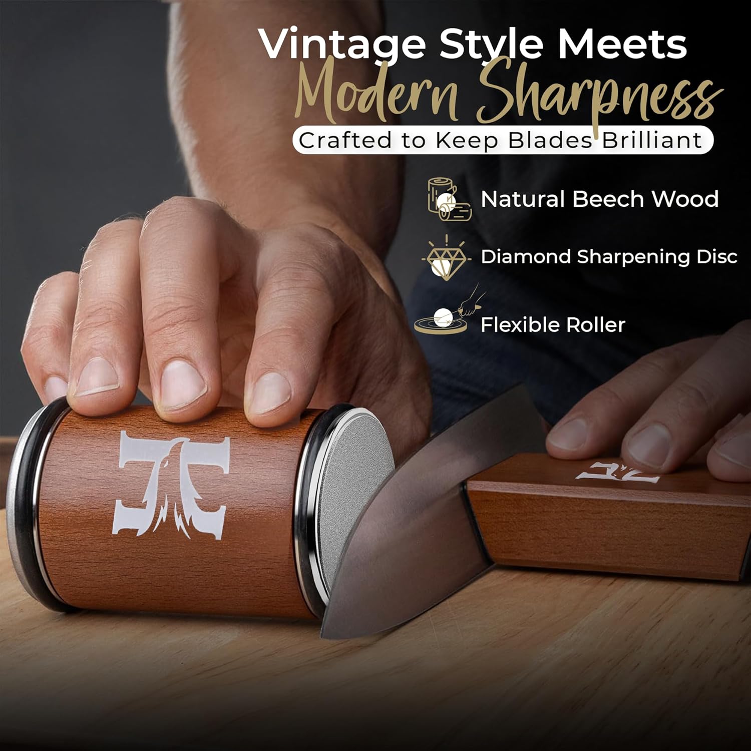 Highlights the product's key features combining vintage aesthetics with modern functionality for effective blade sharpening.