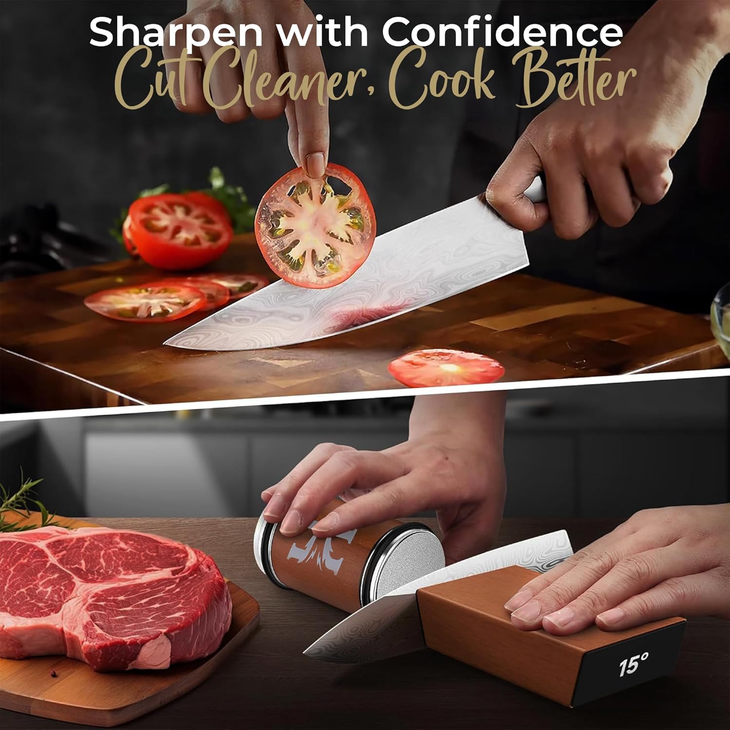 Demonstrates how the product's sharpness leads to cleaner cuts and better cooking results, emphasizing multiple benefits of using the knife.