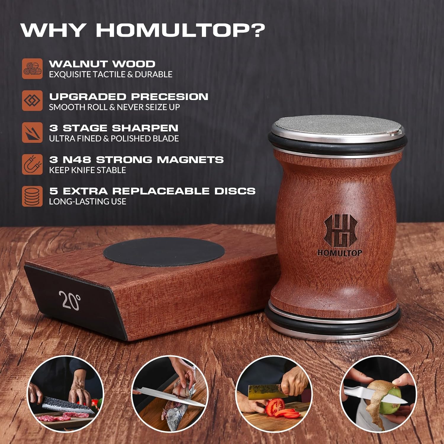 Highlights multiple key features and benefits of the Homultop knife sharpener to demonstrate its quality, durability, and effectiveness.