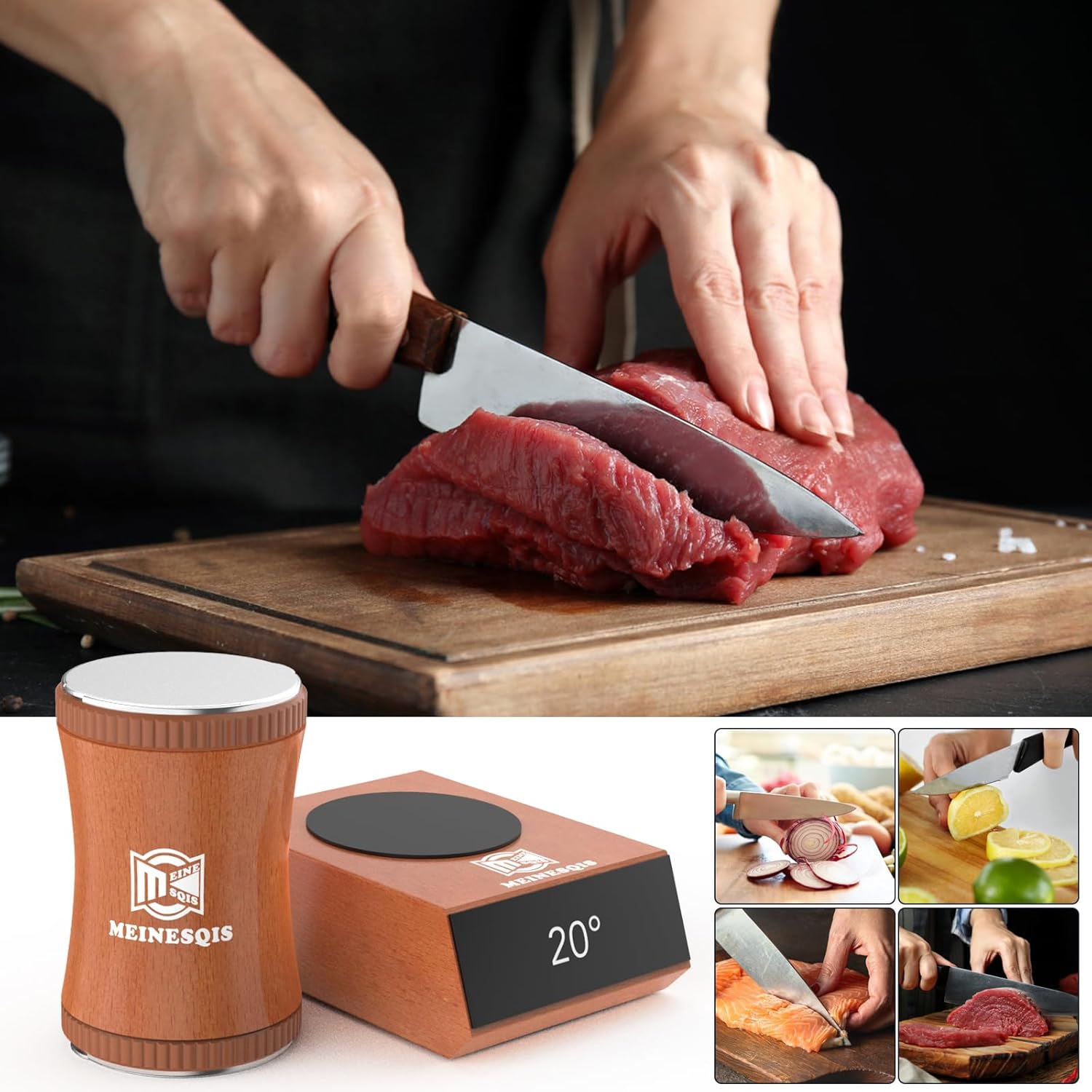 Demonstrates the proper use of the knife sharpener for preparing various foods, emphasizing its versatility and effectiveness. Shows the knife sharpener's ability to maintain blade sharpness for…