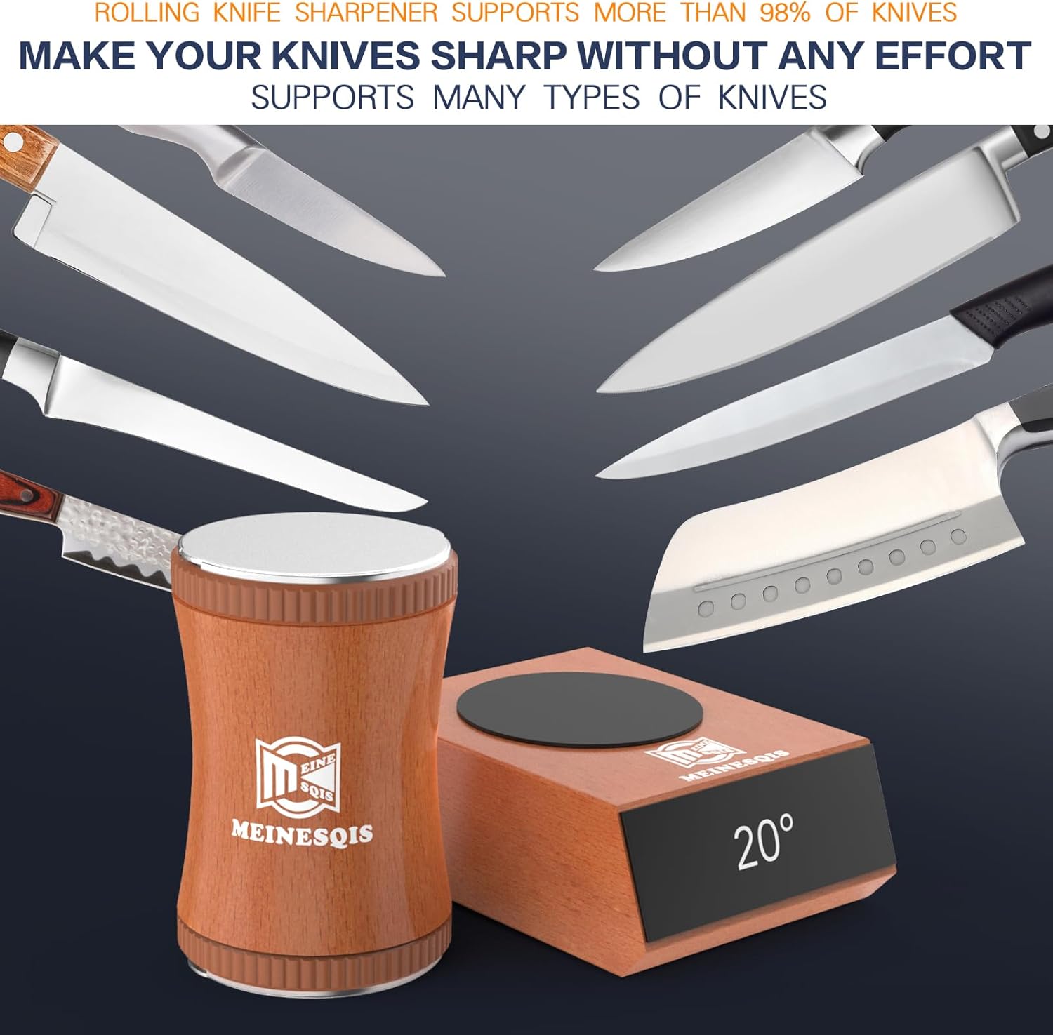 Showcases the knife sharpener's ability to work with multiple knife types and its effortless sharpening capability. Demonstrates that the sharpener is compatible with over 98% of knives, reassuring…