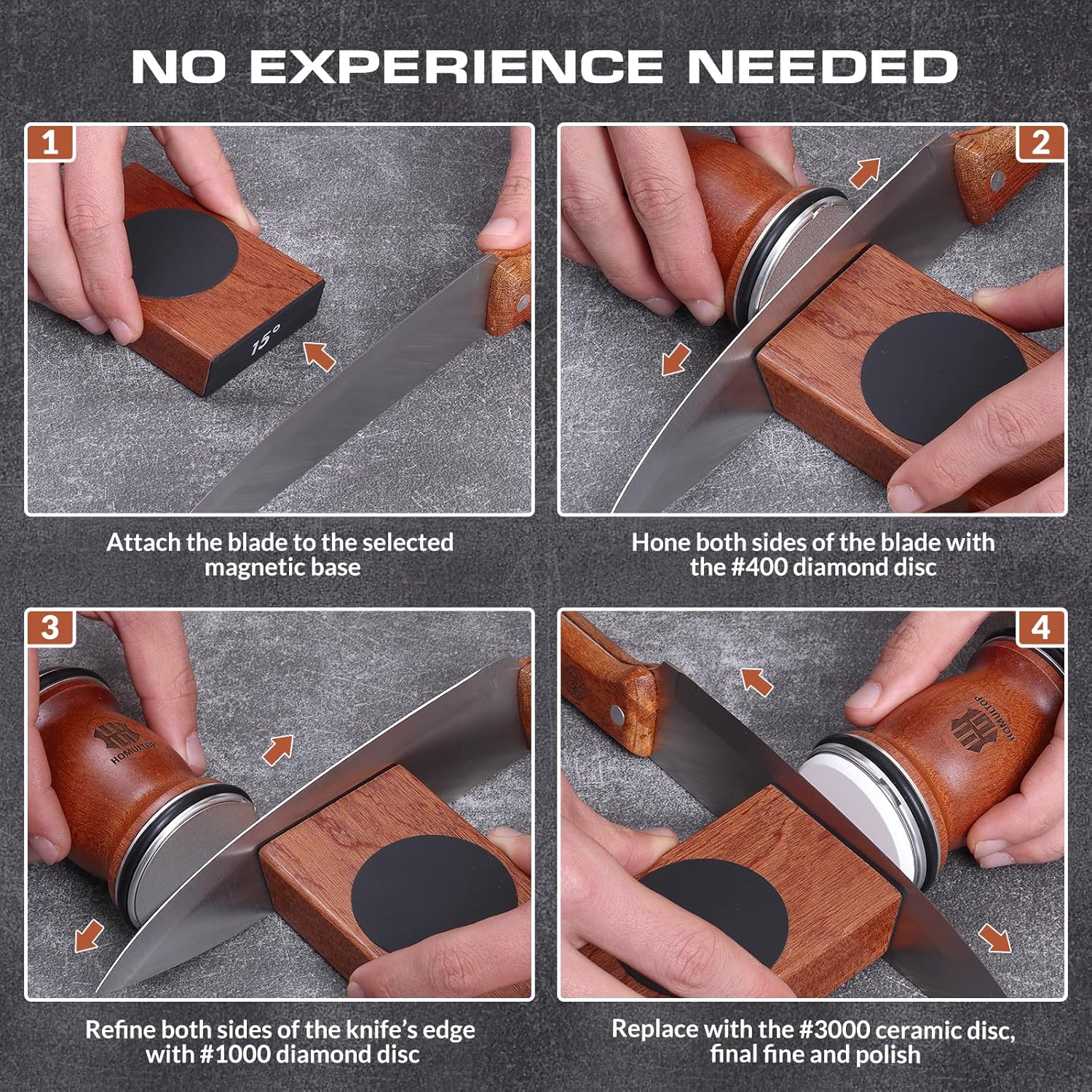Demonstrates the step-by-step process of sharpening a knife using the product, emphasizing its ease of use even for beginners.