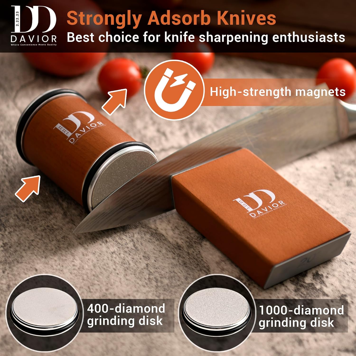 Highlights multiple features of the knife sharpening product to demonstrate its quality and effectiveness for enthusiasts.