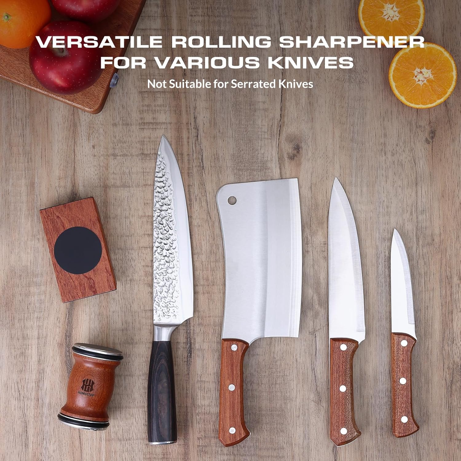 Demonstrates the product's ability to sharpen various types of knives, highlighting its versatility in the kitchen. Informs users about the compatibility limitation, ensuring proper and safe use of…
