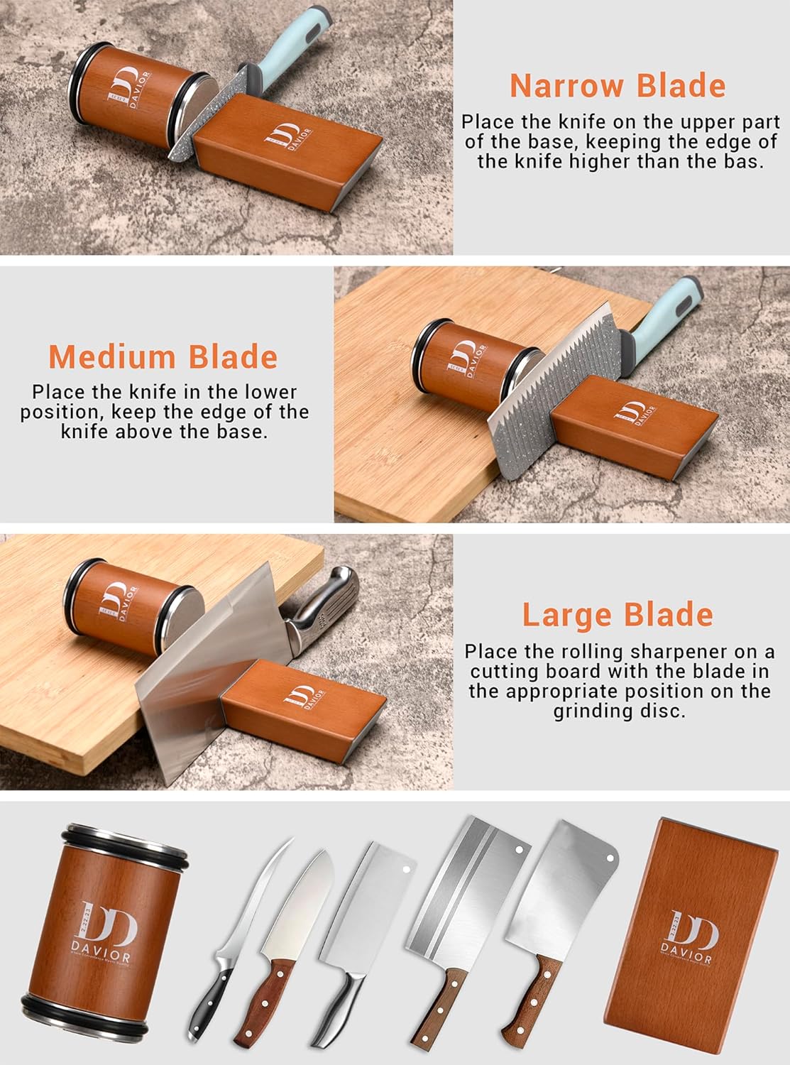 Demonstrates the correct positioning of different knife blade sizes on the sharpening tool for optimal results.
